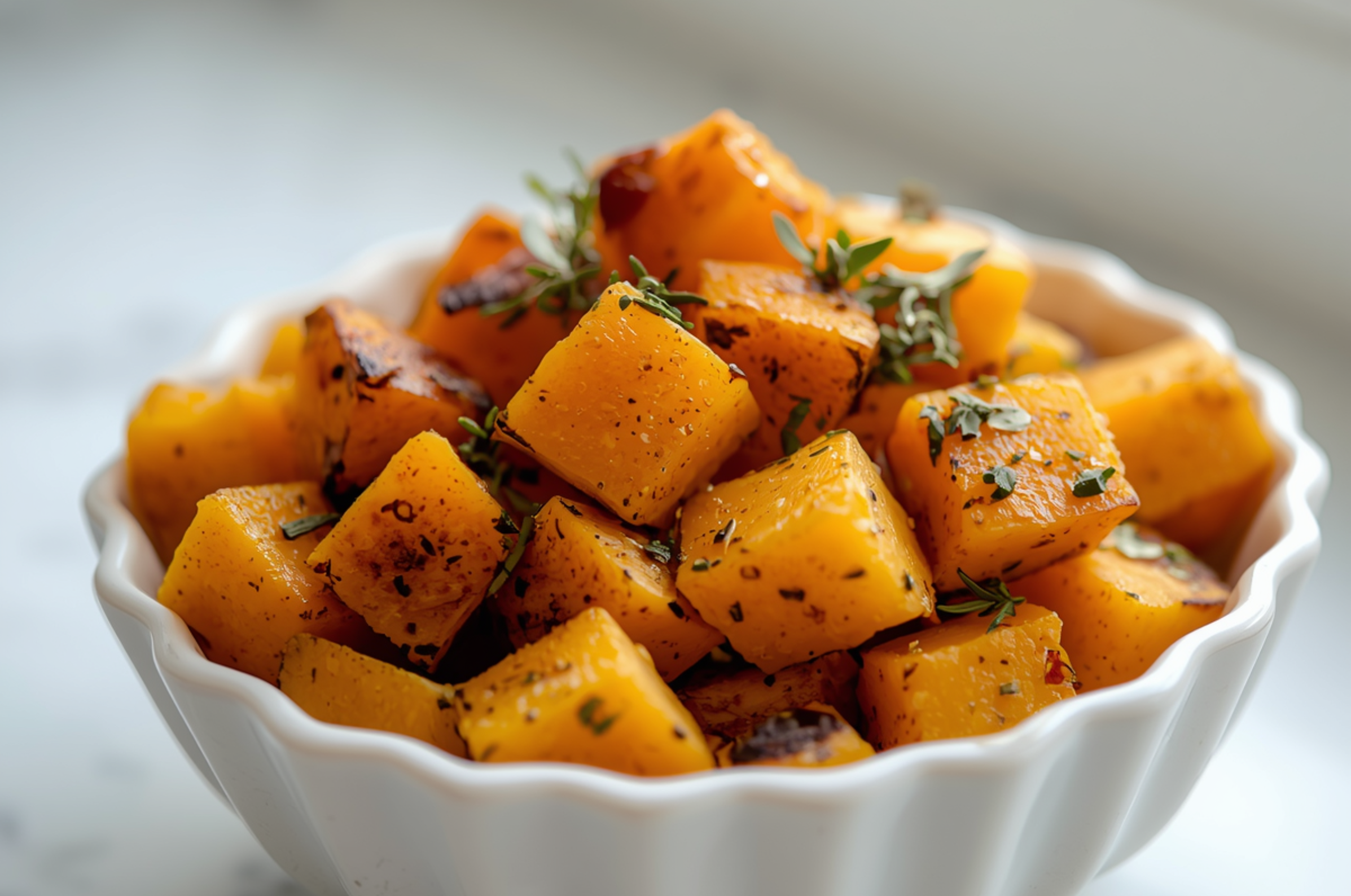 Image of Pro Chefly roasted butternut squash cubes glazed in a savory sauce and finished with fresh herbs.