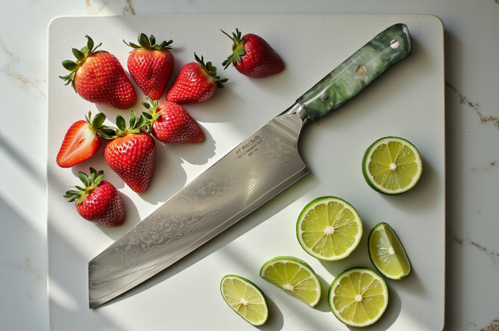 Image of Pro Chefly Japanese Damascus kiritsuke knife on a white cutting board with fresh strawberries and lime, showcasing bold precision, premium craftsmanship, and vibrant fruit prep in natural lighting