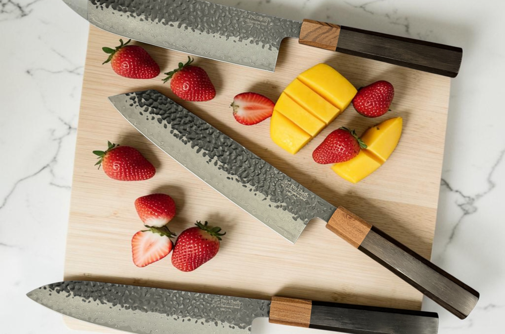 Image of Pro Chefly Japanese Damascus knife collection with fresh strawberries and sliced mango on a wooden cutting board in natural light