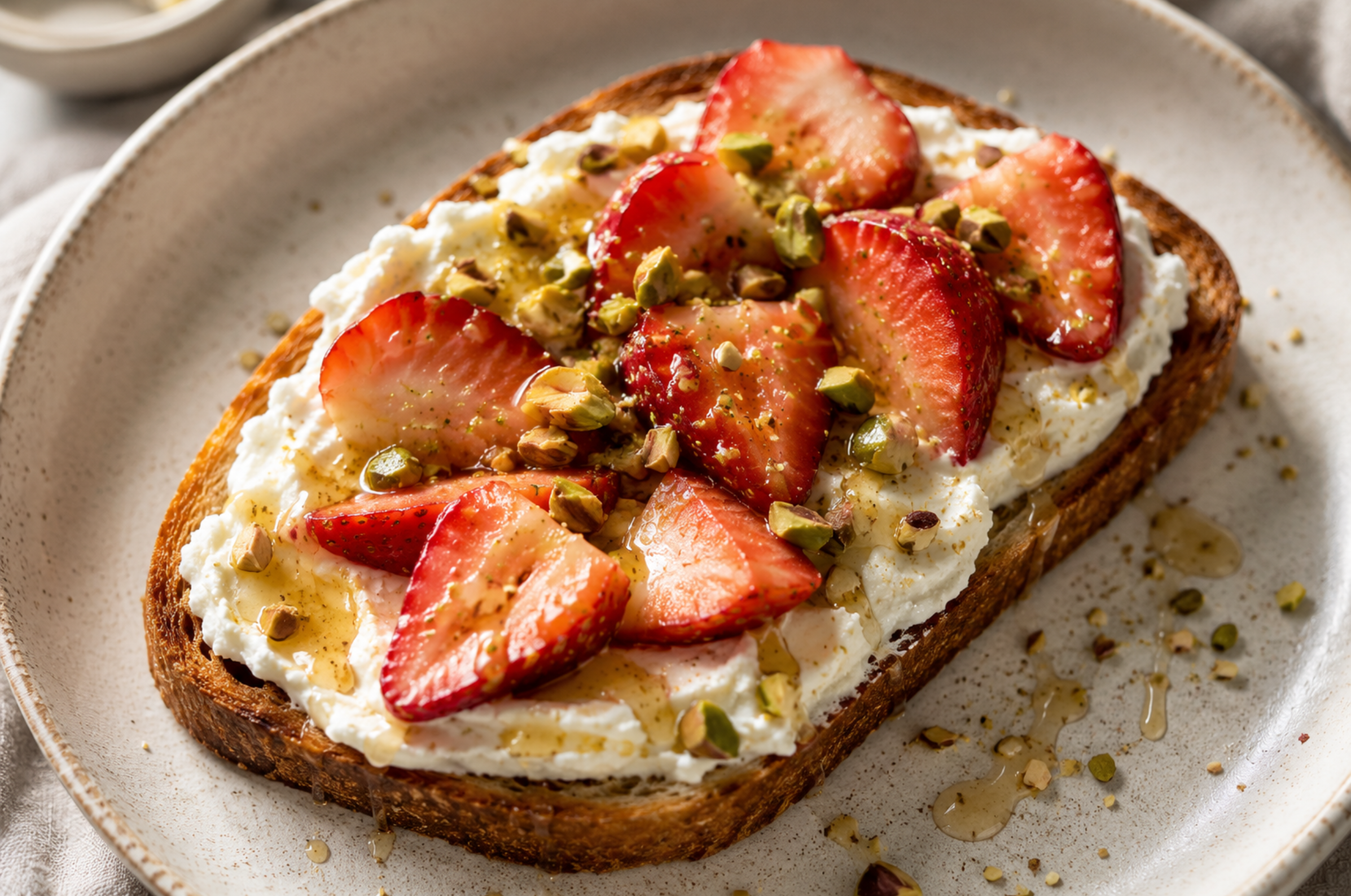 Image of Whipped ricotta toast topped with fresh strawberries, crushed pistachios, and honey drizzle on toasted artisan bread
