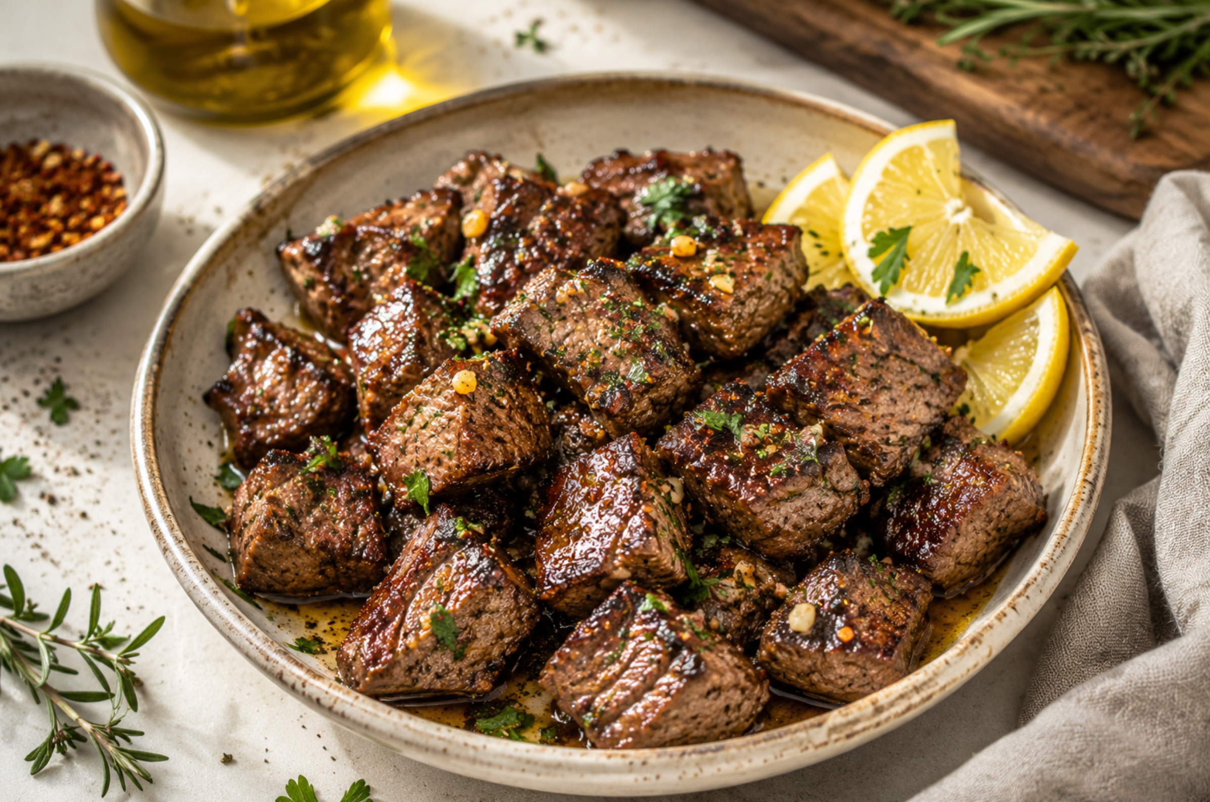 Image of Pro Chefly garlic butter steak bites with seared beef cubes, fresh herbs, red pepper flakes, and lemon wedges in a serving bowl
