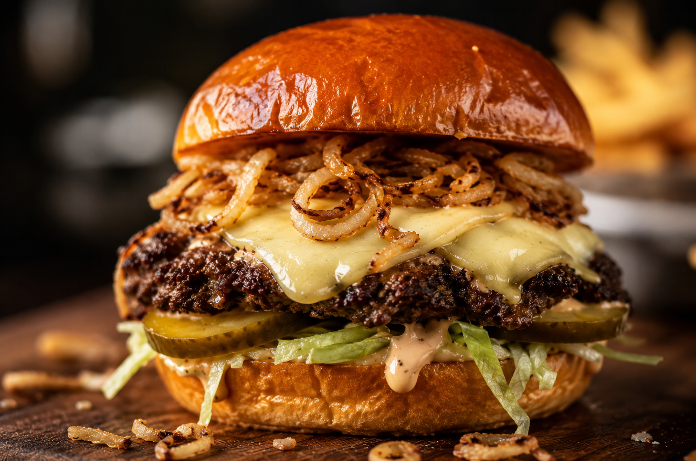 Image of Pro Chefly smoked Gouda smash burger with caramelized onions, melted cheese, pickles, shredded lettuce, and comfort sauce on a toasted brioche bun, gourmet comfort food