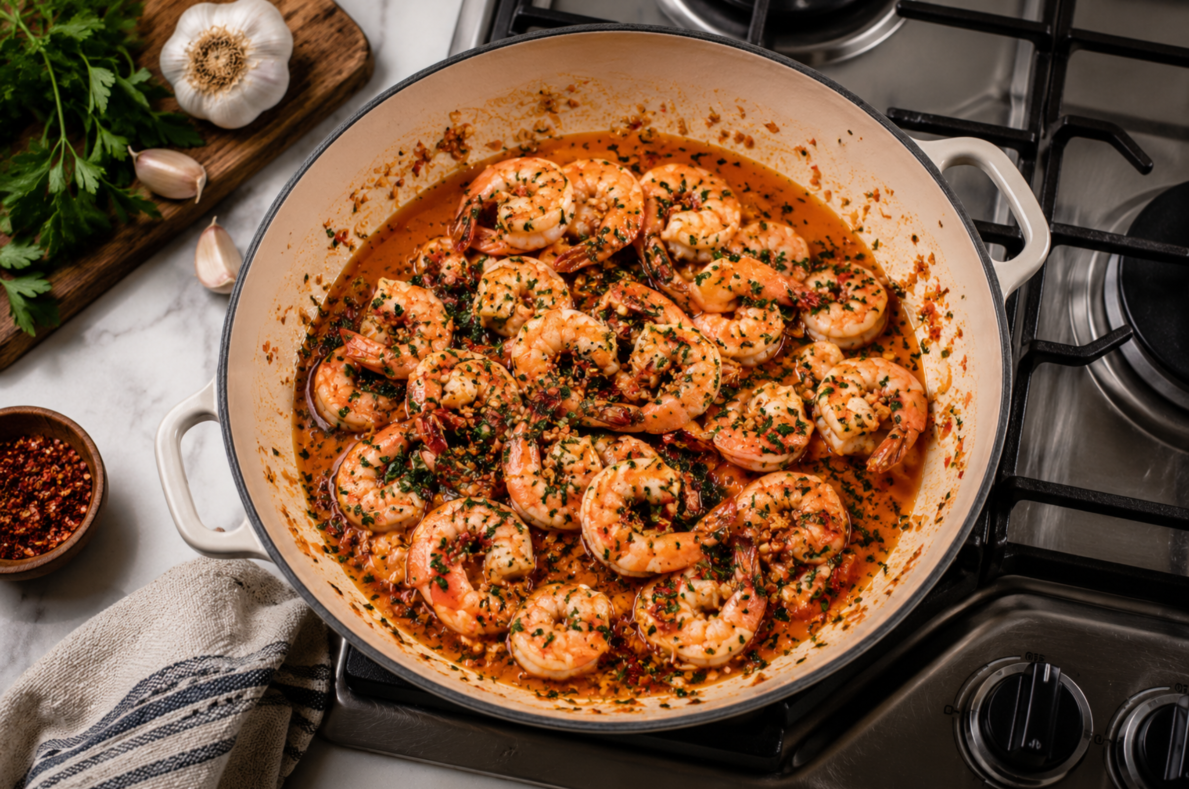 Image of Pro Chefly spicy Calabrian shrimp simmering in garlic chili butter sauce in a Dutch oven on the stovetop, vibrant seafood recipe photography with fresh herbs and aromatics.