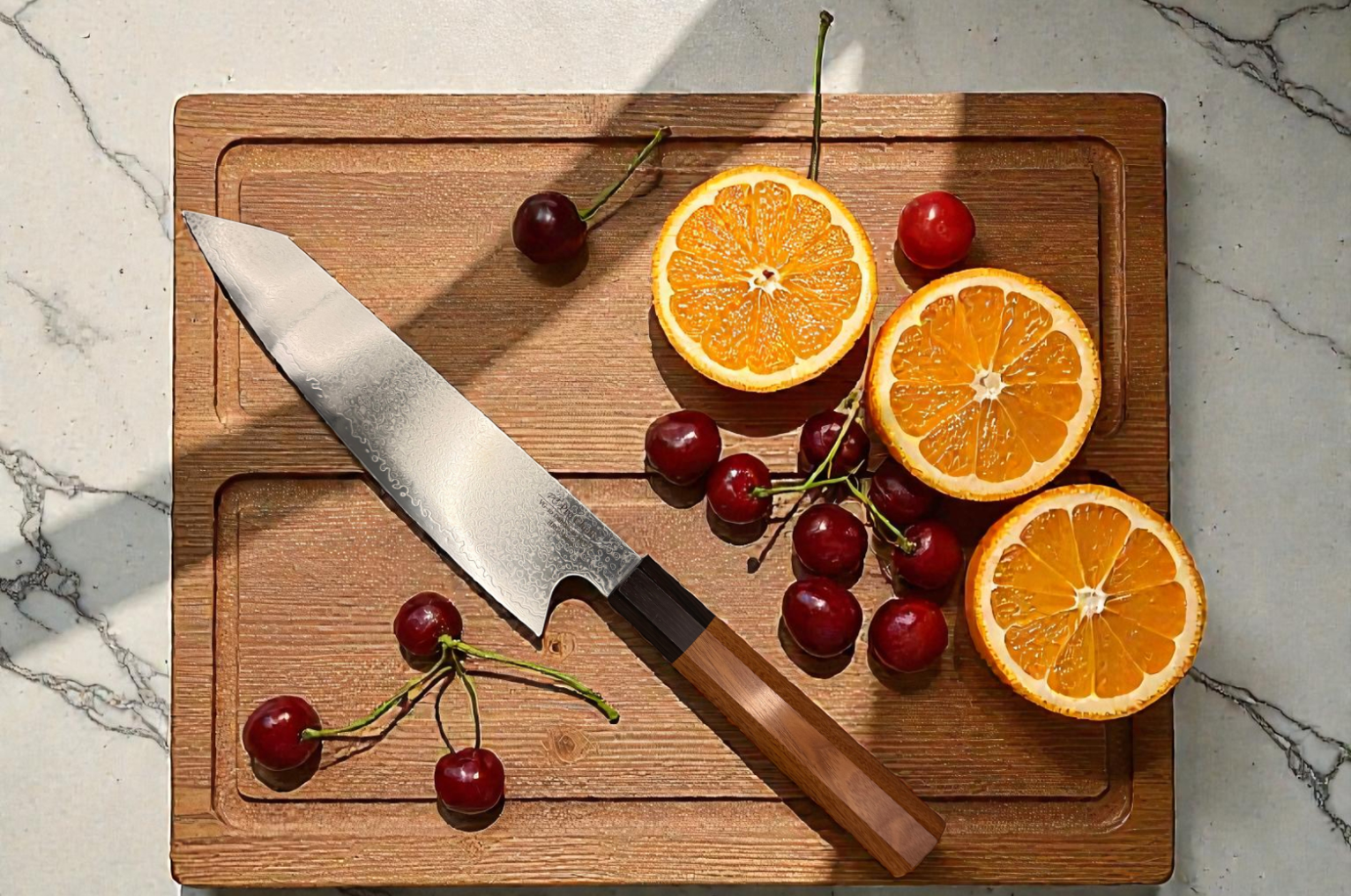 Image of Pro Chefly Japanese Damascus kiritsuke knife on a wooden cutting board with sliced oranges and cherries, highlighting sharp precision and clean fruit prep.