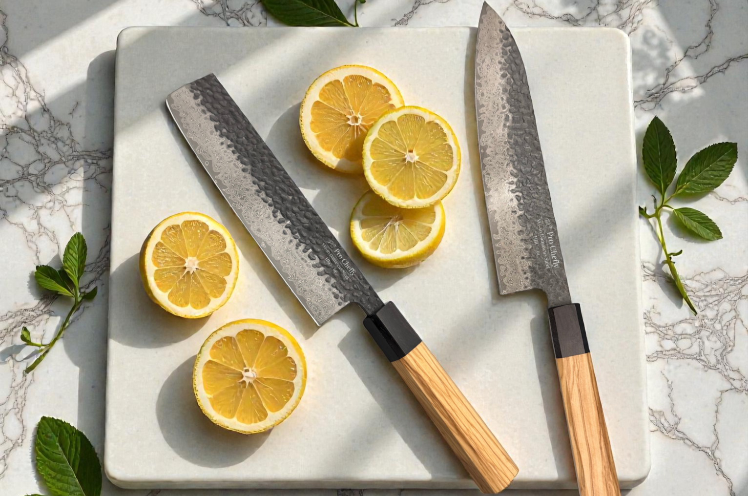 Image of Pro Chefly Japanese knives with Damascus steel blades slicing fresh lemons on a marble cutting board, showcasing clean cuts, sharp edges, and refined prep precision.