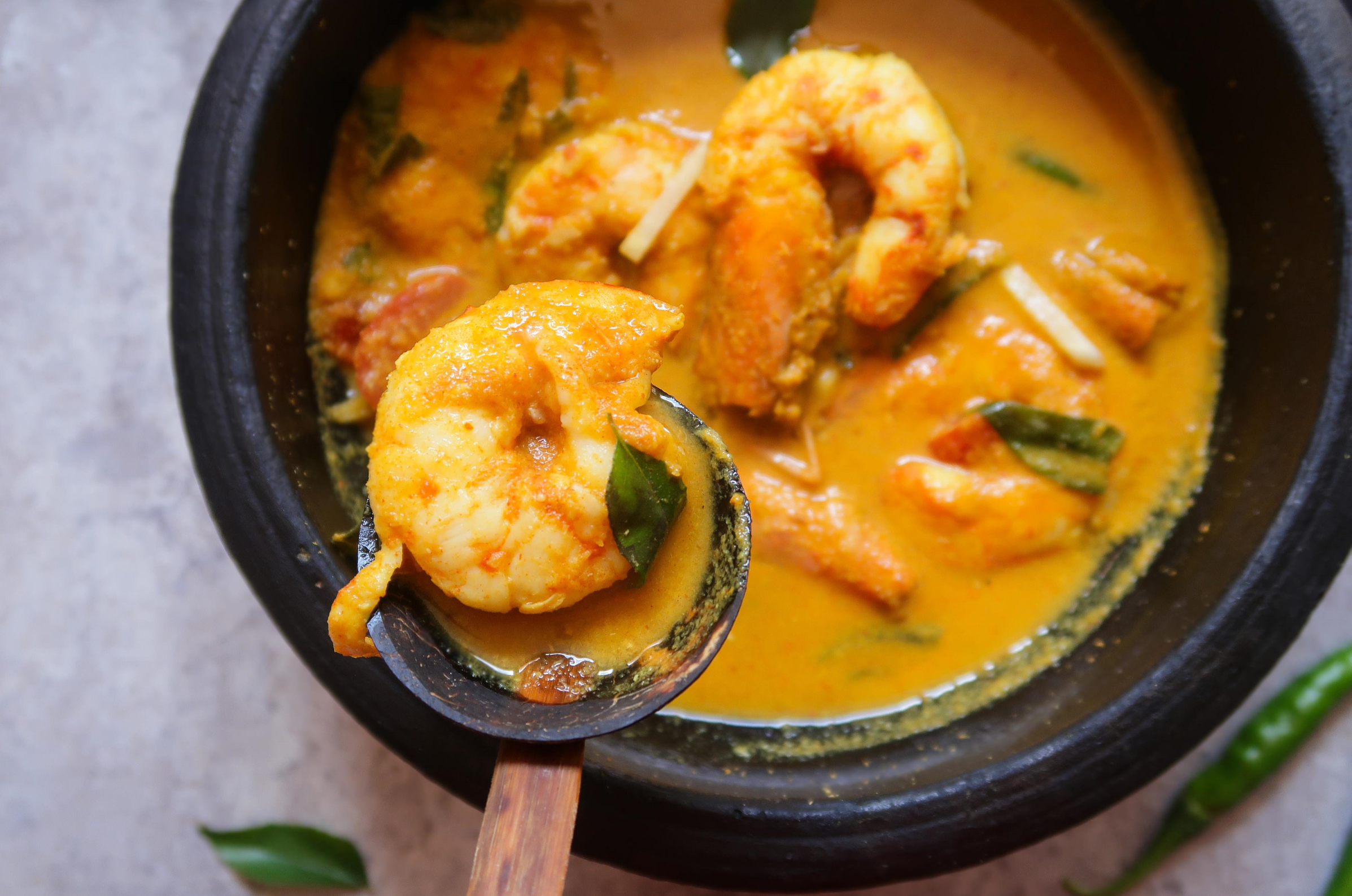 Image of Pro Chefly Thai coconut shrimp curry with red curry coconut broth, tender shrimp, aromatics, and vibrant Thai-inspired seafood recipe photography.