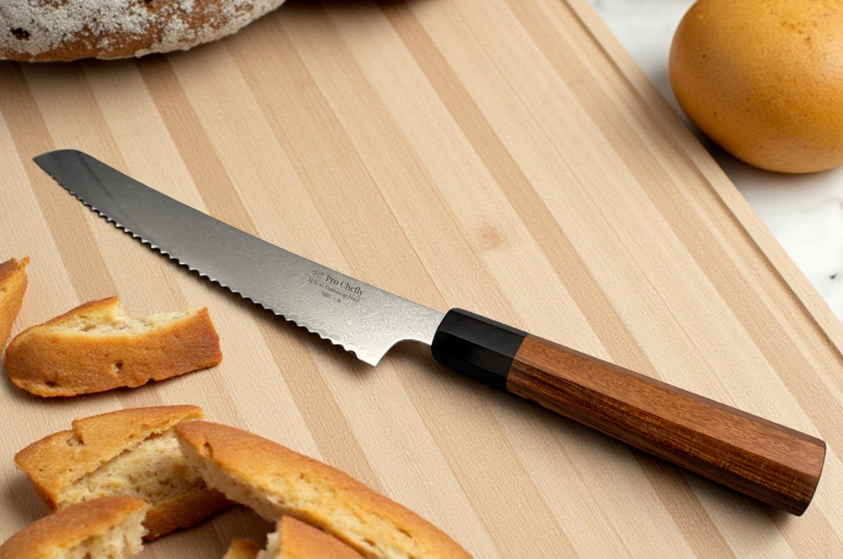 Image of Pro Chefly Damascus bread knife with artisan bread on a wooden cutting board, premium kitchen cutlery photography.