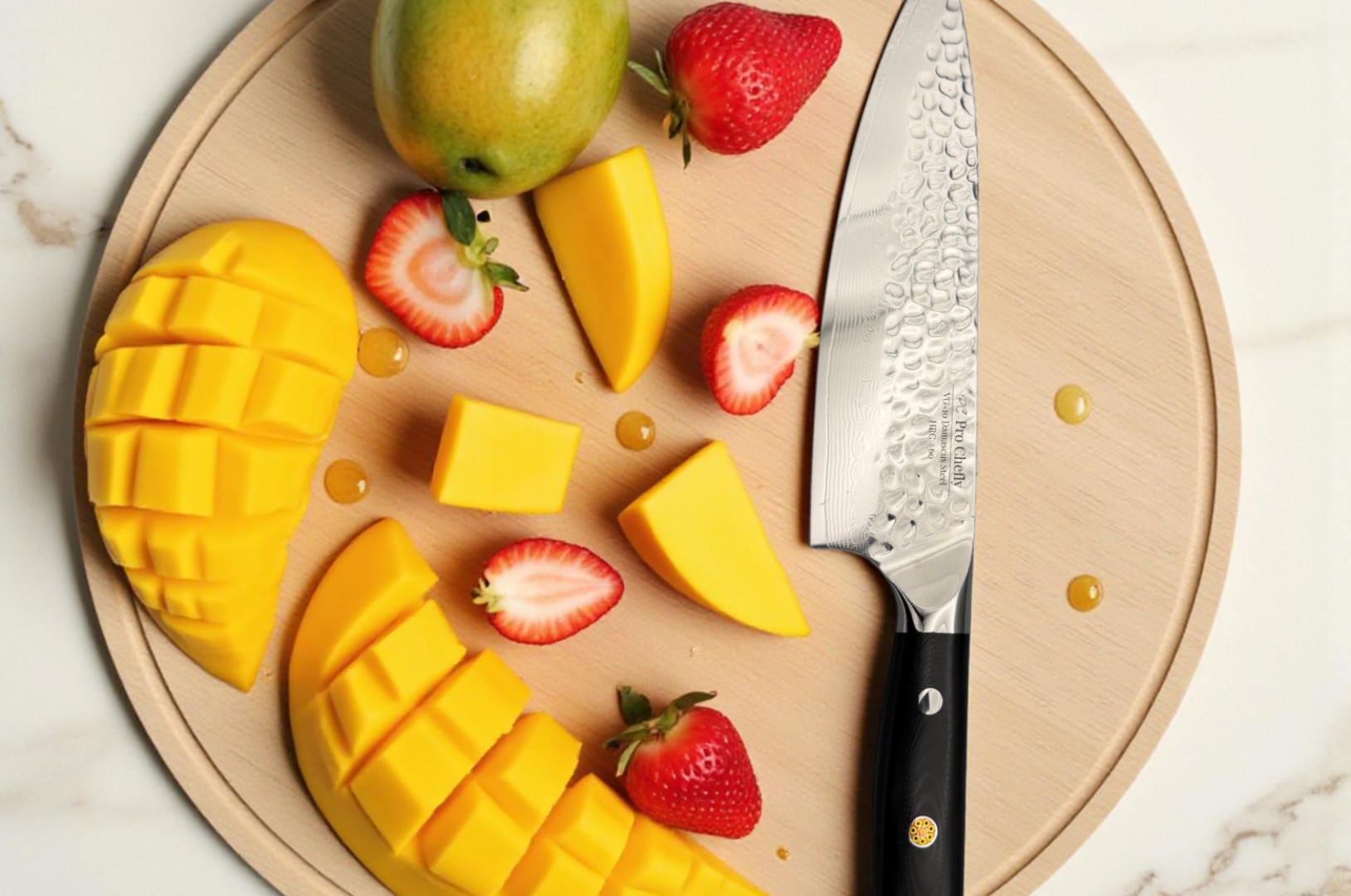 Image of Pro Chefly Damascus chef knife with fresh mango and strawberries on a wooden cutting board, showcasing precision fruit preparation.