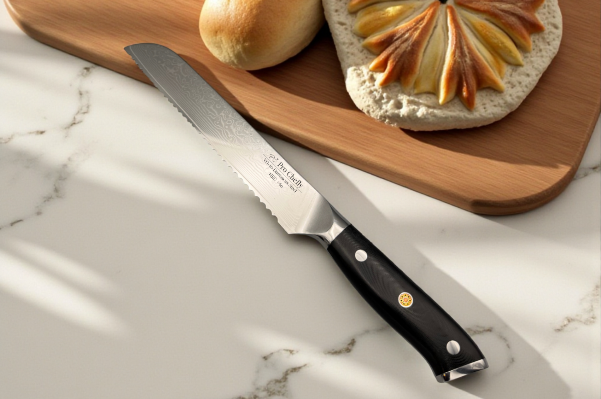 Image of Pro Chefly VG-10 Damascus serrated bread knife on marble countertop beside artisan bread, highlighting precision slicing and premium craftsmanship.