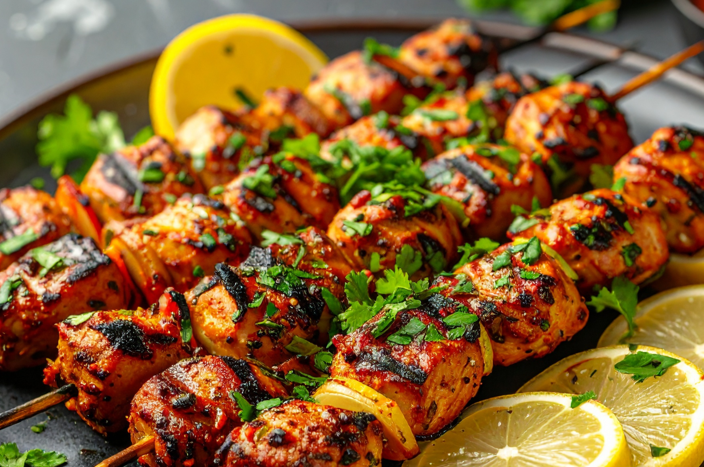 Image of Pro Chefly grilled chicken pinchos with colorful bell peppers cooking over an open flame, perfect for backyard grilling and summer cookouts.