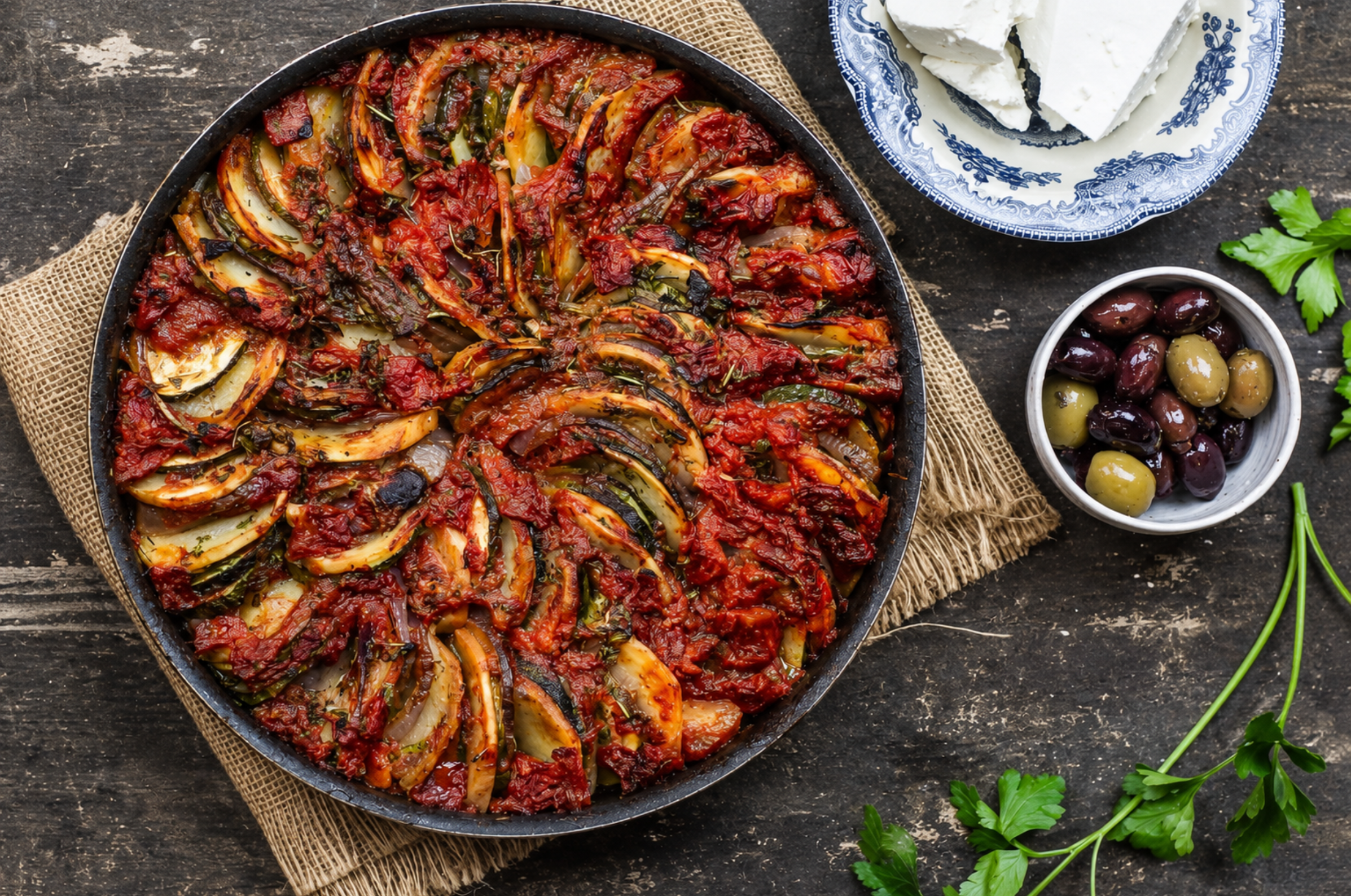 Image of Traditional Greek briam baked with zucchini, potatoes, onions, tomatoes, and herbs, served with feta cheese and olives.