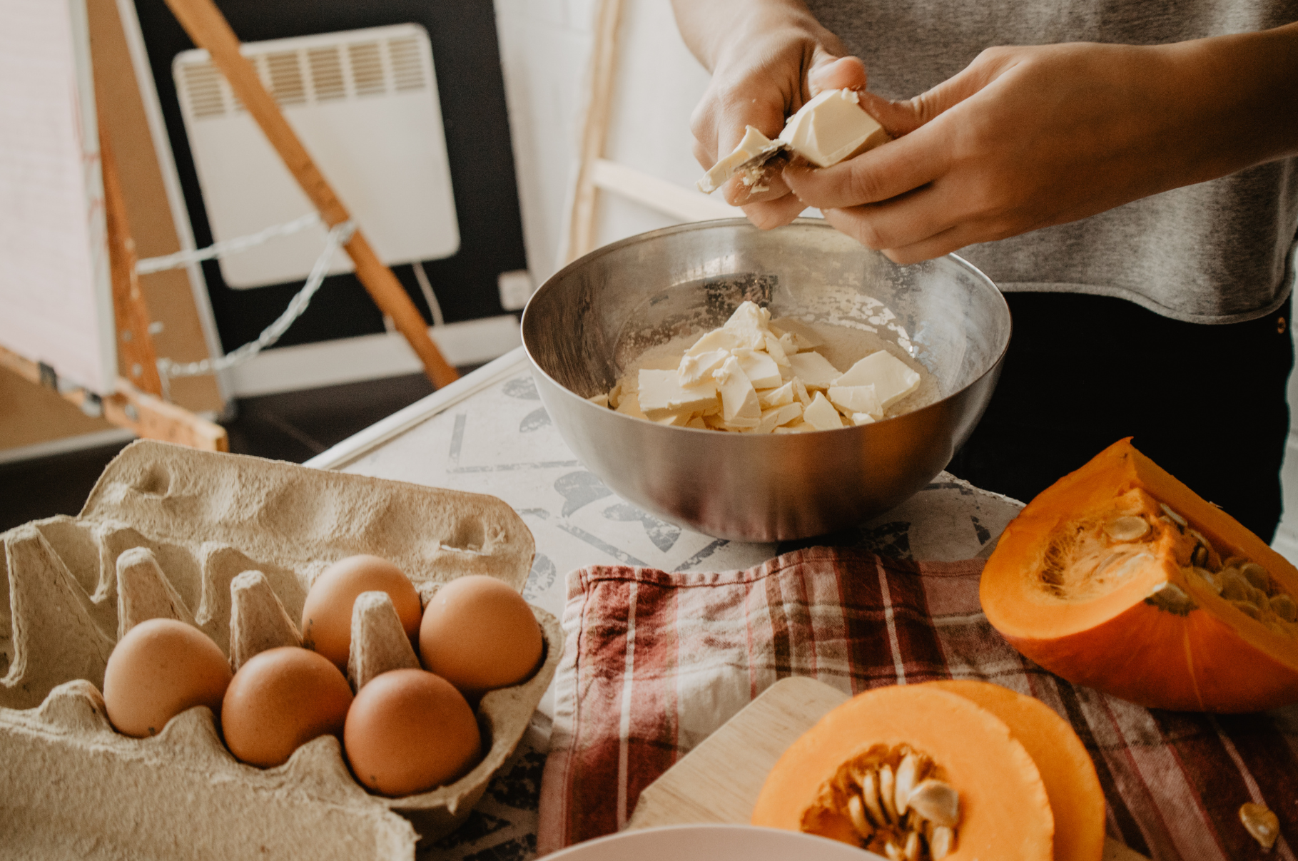 Image of Preparing pumpkin and baking ingredients with precision cuts made using a Pro Chefly petty knife, perfect for detailed kitchen prep.