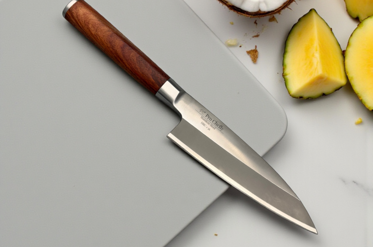 Image of Pro Chefly stainless steel Japanese knife with a premium wood handle resting beside fresh pineapple and coconut on a cutting board, highlighting tropical prep precision