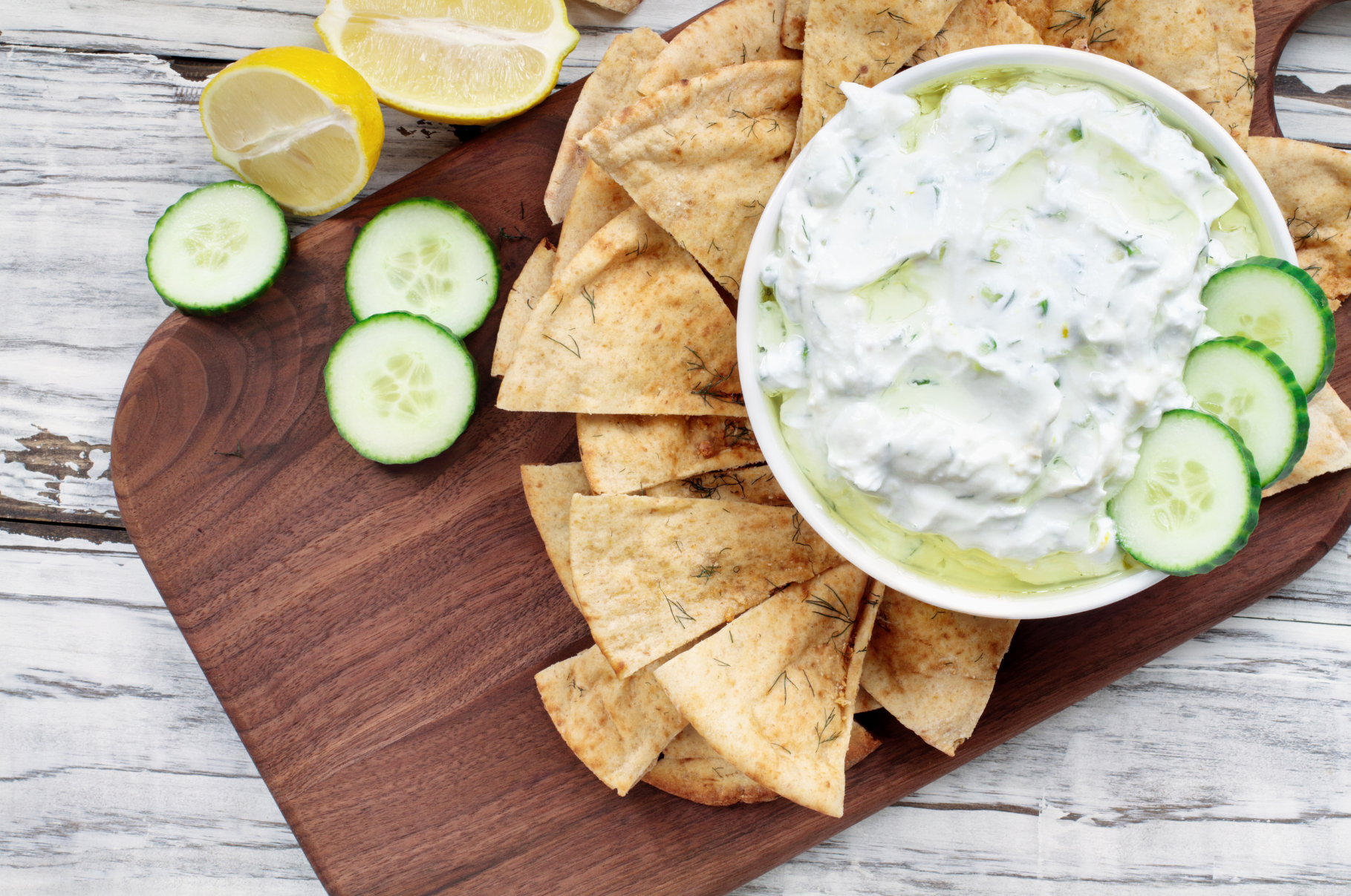 Image of Tzatziki sauce with cucumber and pita prepared using Pro Chefly Damascus Japanese knives.