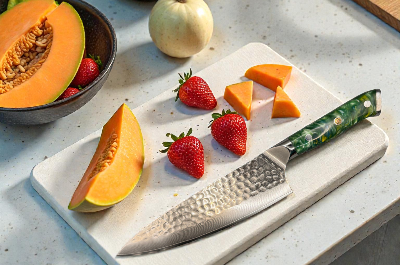 Image of Pro Chefly Damascus chef knife on a cutting board with strawberries and sliced cantaloupe.