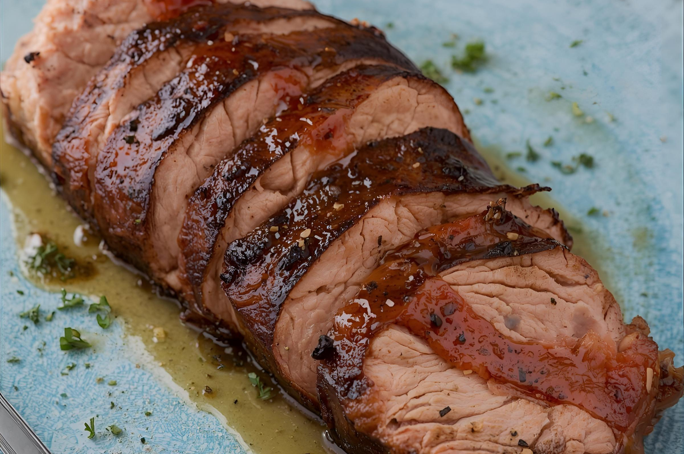 Prochefly Damascus AUS knife precision-sliced pork tenderloin with rich brown sauce and herbs, highlighting sharpness and craftsmanship.