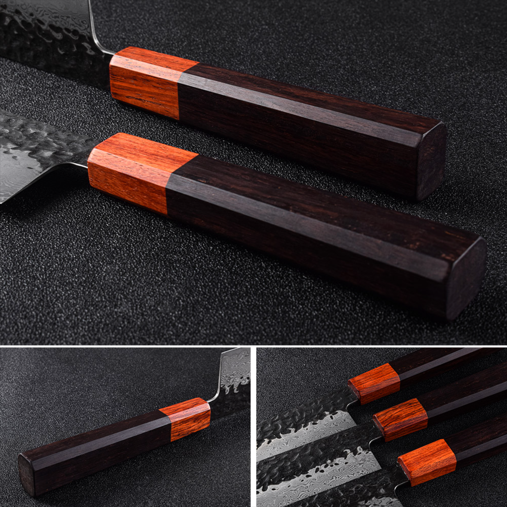 Japanese Damascus chef knives with octagonal wooden handles on black background.