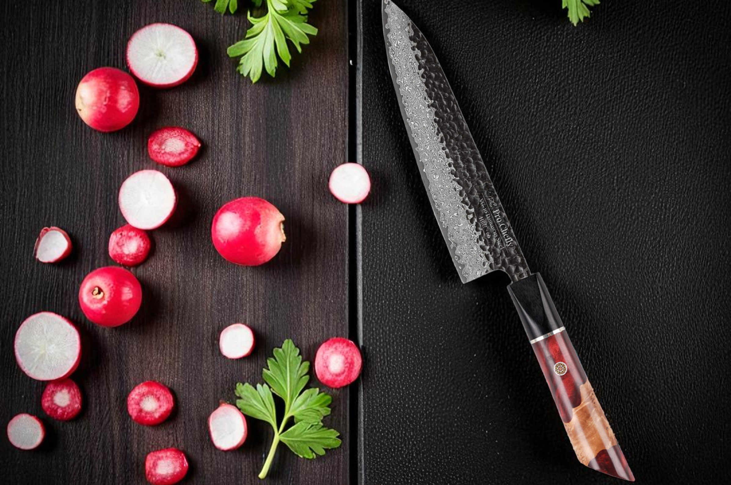 pro chefly damascus chef knife with hammered finish beside sliced radishes and parsley, showcasing precision craftsmanship and sharp edge control