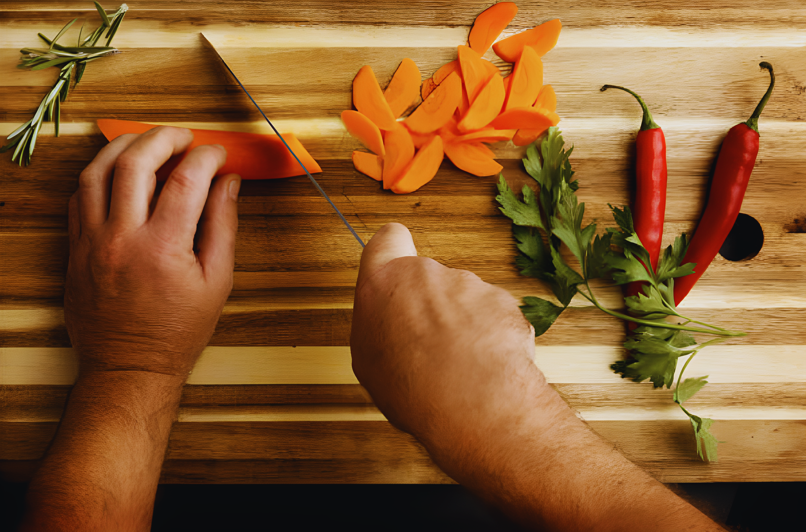 Pro Chefly chef knife slicing carrot on wooden cutting board with fresh parsley, rosemary, and red chili peppers.