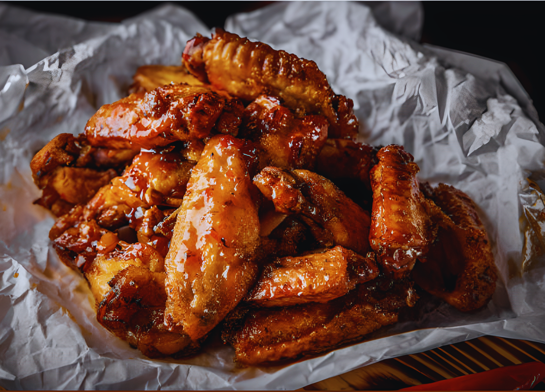 Image of Crispy chicken wings glazed in sauce prepared with Pro Chefly Japanese Damascus chef knife.