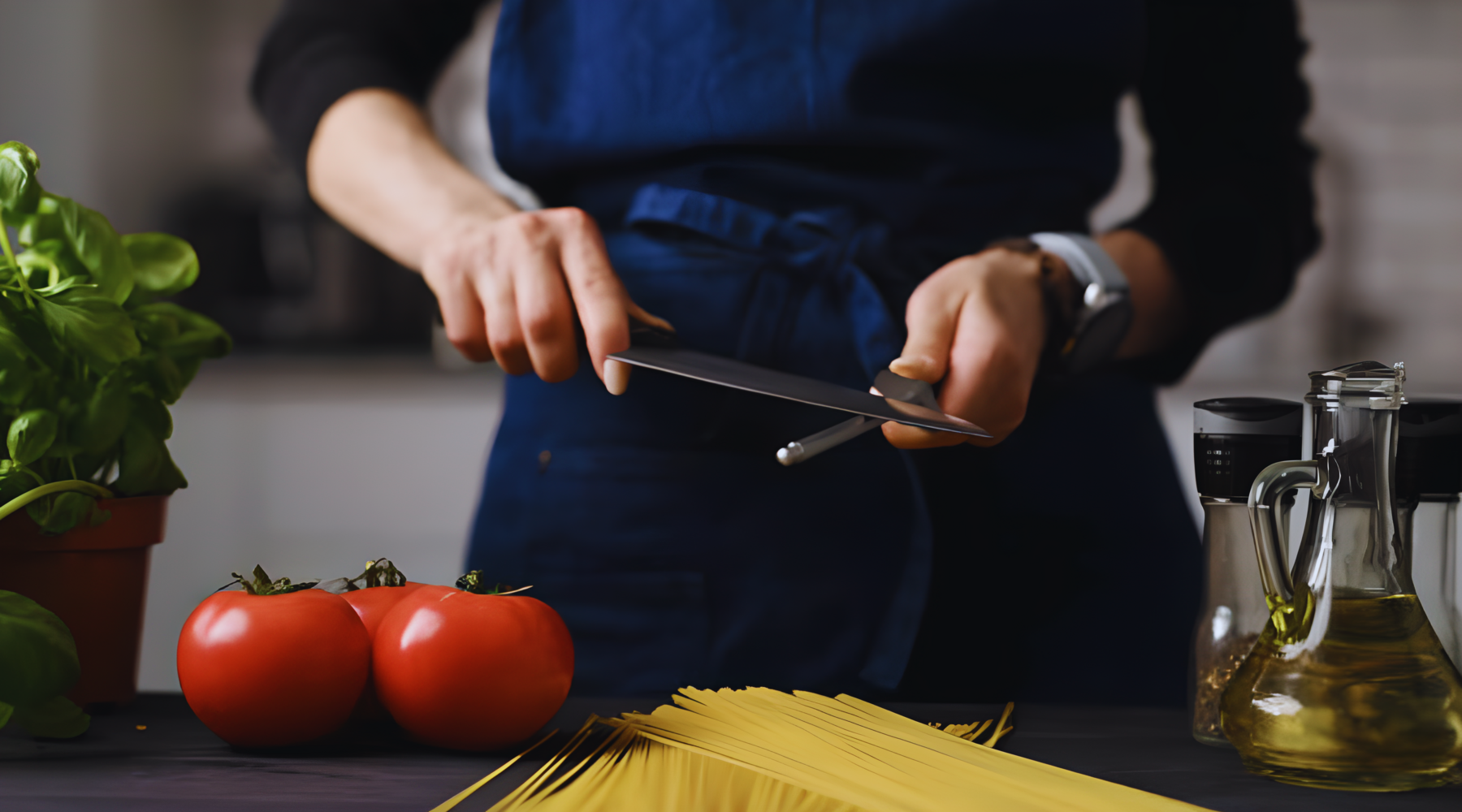 Image of Pro Chefly Japanese Damascus chef knife being sharpened on honing rod beside tomatoes and pasta.
