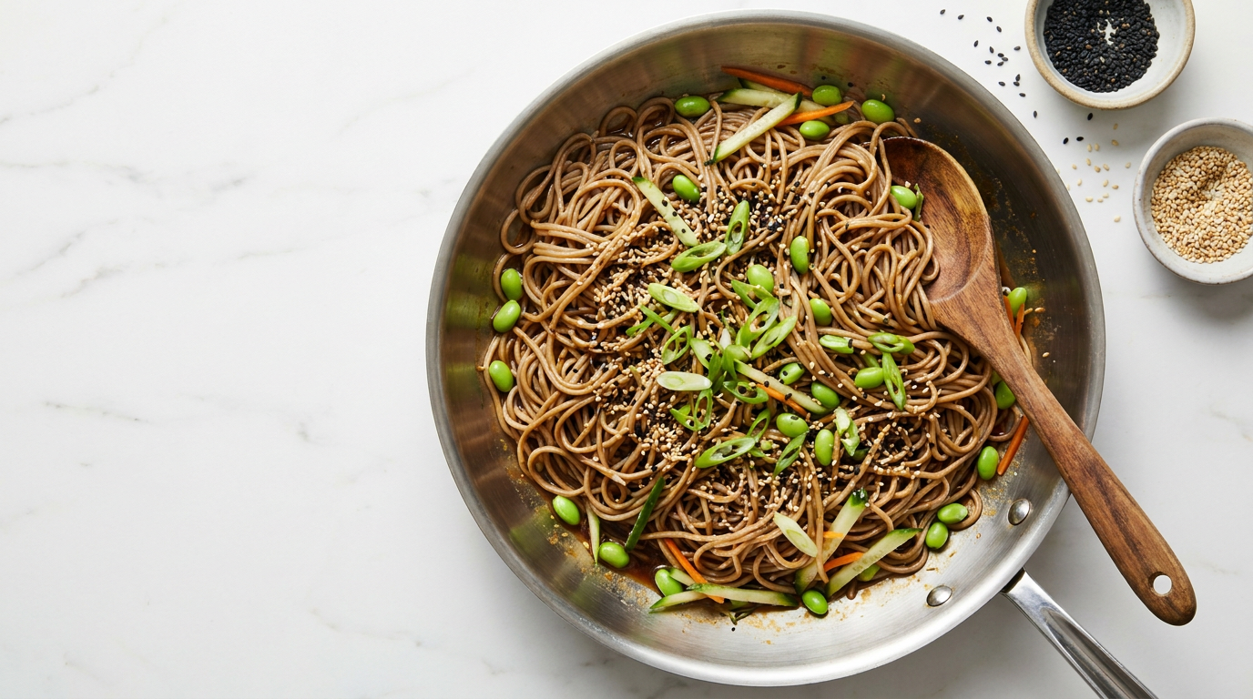 Image of Pro Chefly chilled sesame soba noodles with cucumber, scallions, and toasted sesame seeds in a steel pan