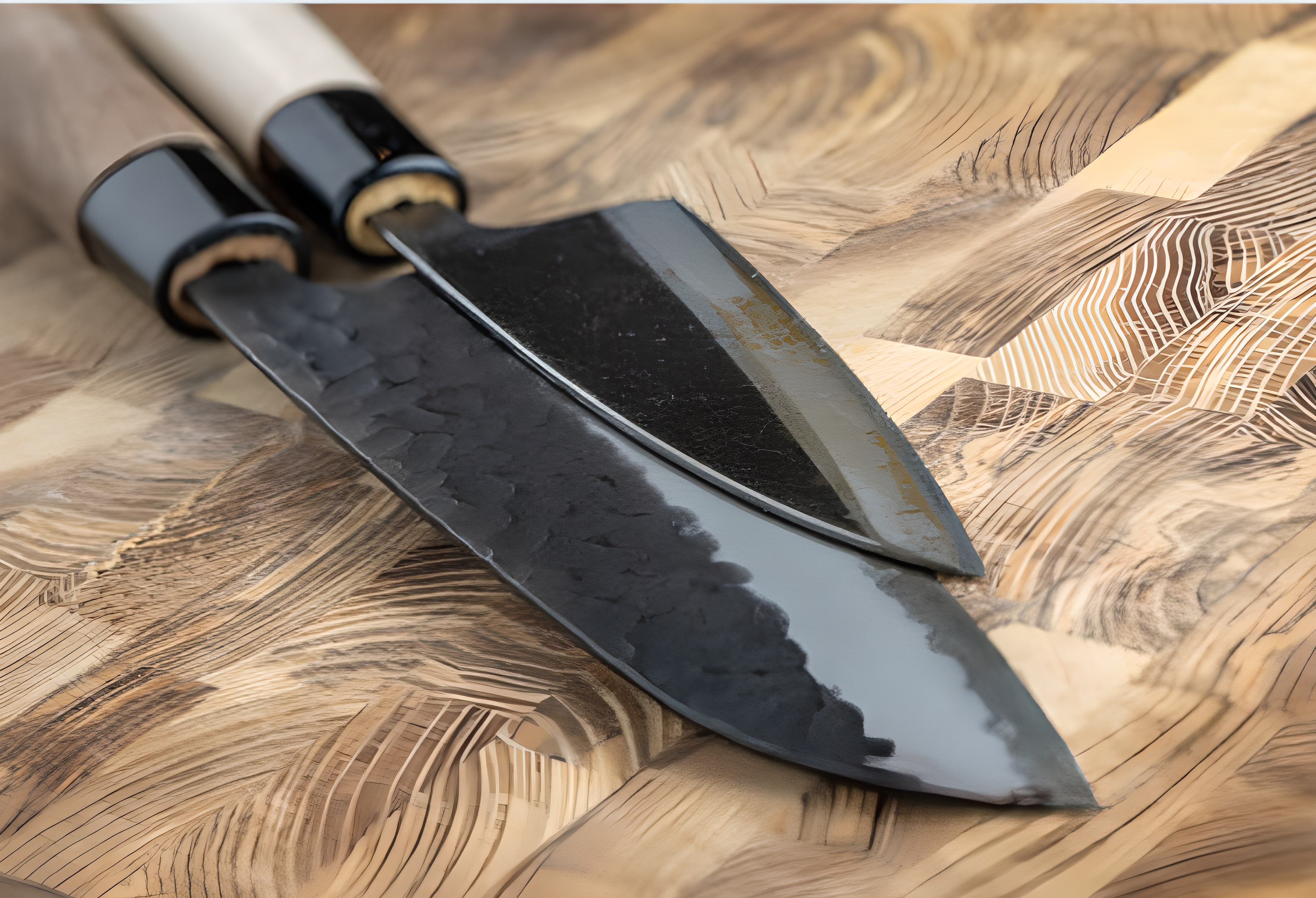 Close-up of two Japanese Damascus kitchen knives with dark hammered steel blades and wooden handles, resting on a patterned wood cutting board – Pro Chefly.