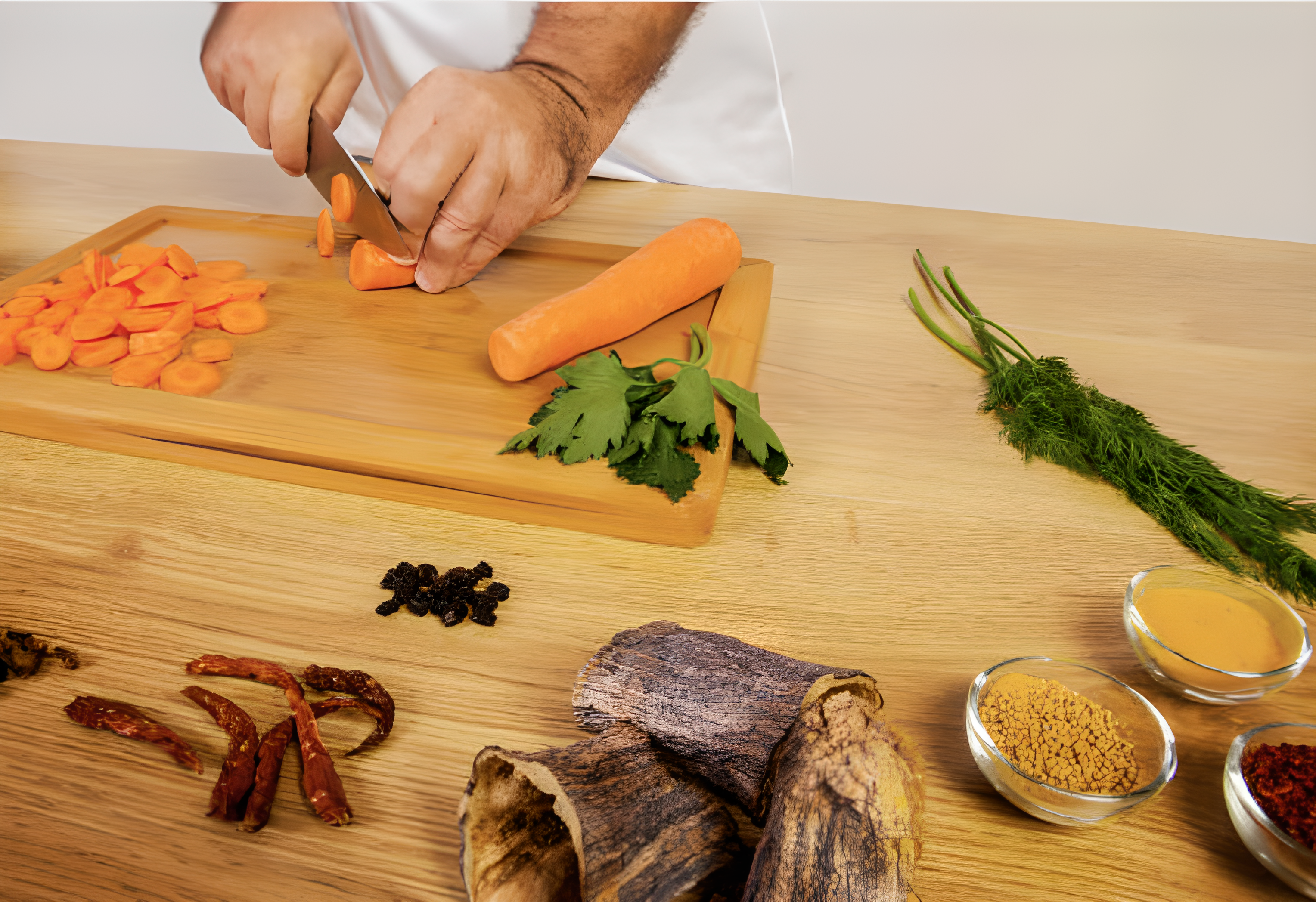 Image of Chef slicing carrots with a Japanese Damascus chef knife on a wooden cutting board, surrounded by fresh herbs and spices for cooking – Pro Chefly.