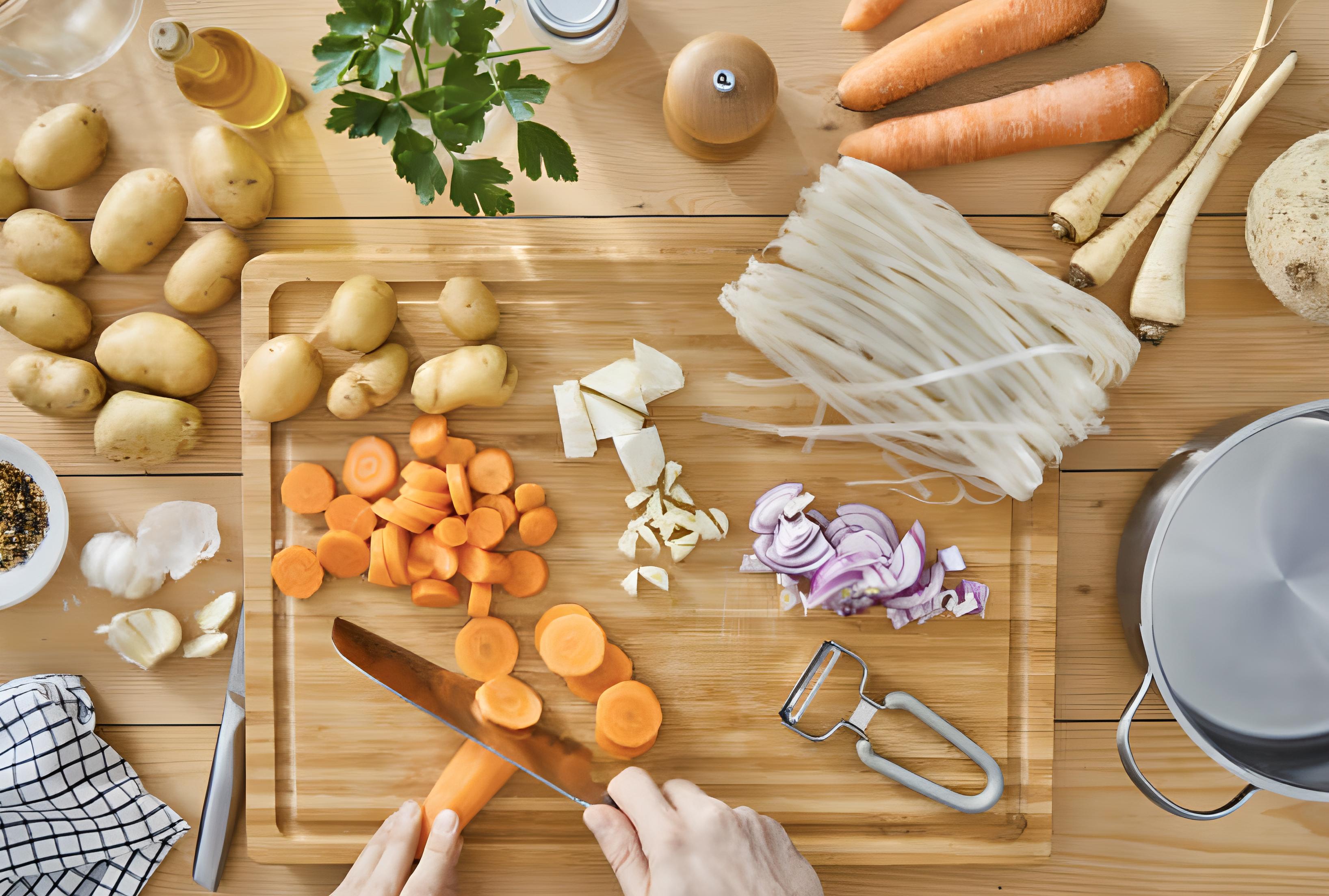 Image of Chef slicing carrots with a Japanese Damascus chef knife on a wooden cutting board, surrounded by potatoes, onions, garlic, herbs, and rice noodles – Pro Chefly.