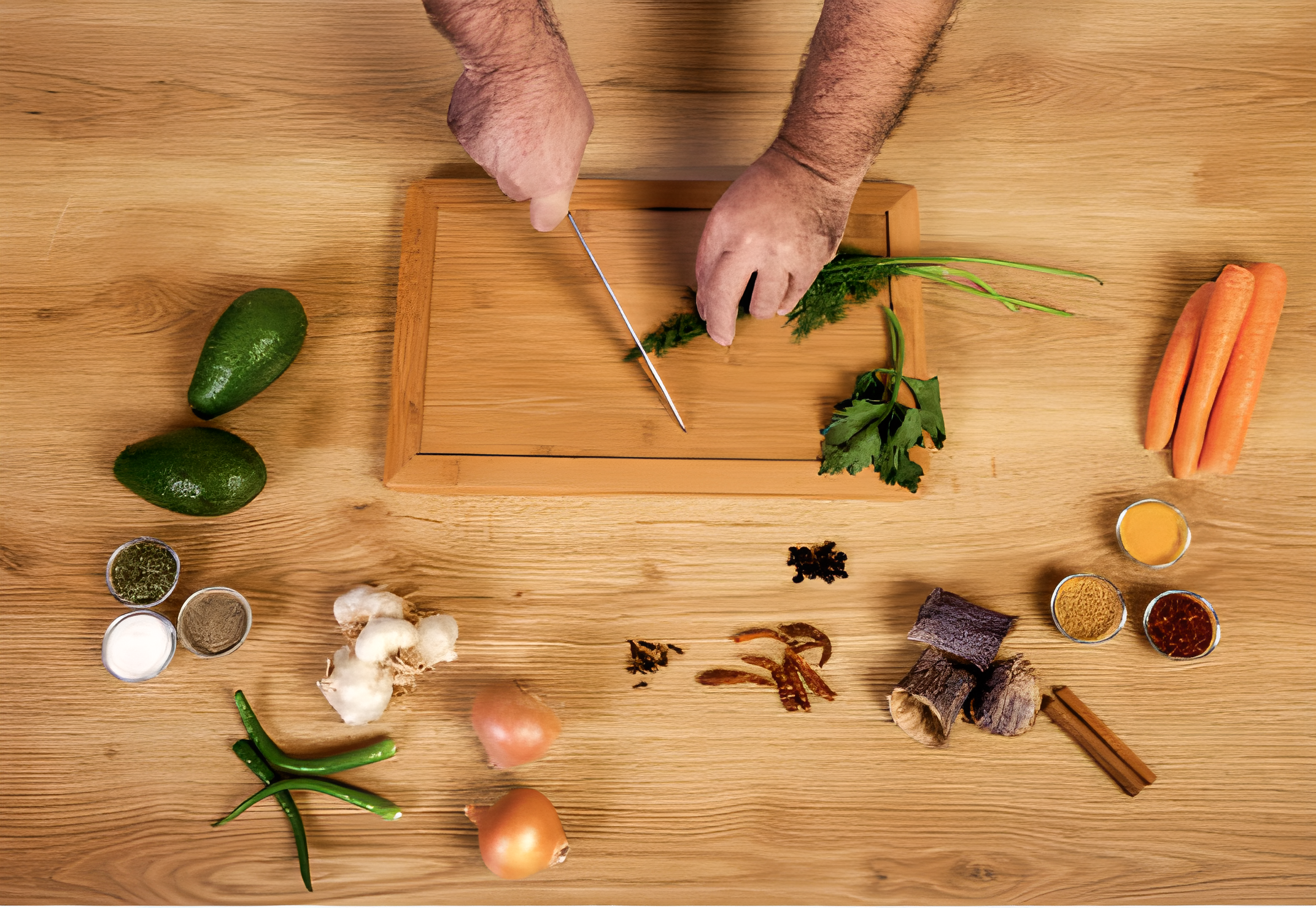 Chef chopping fresh herbs with a Japanese Damascus chef knife on a wooden cutting board, surrounded by carrots, onions, garlic, chili peppers, and spices – Pro Chefly.