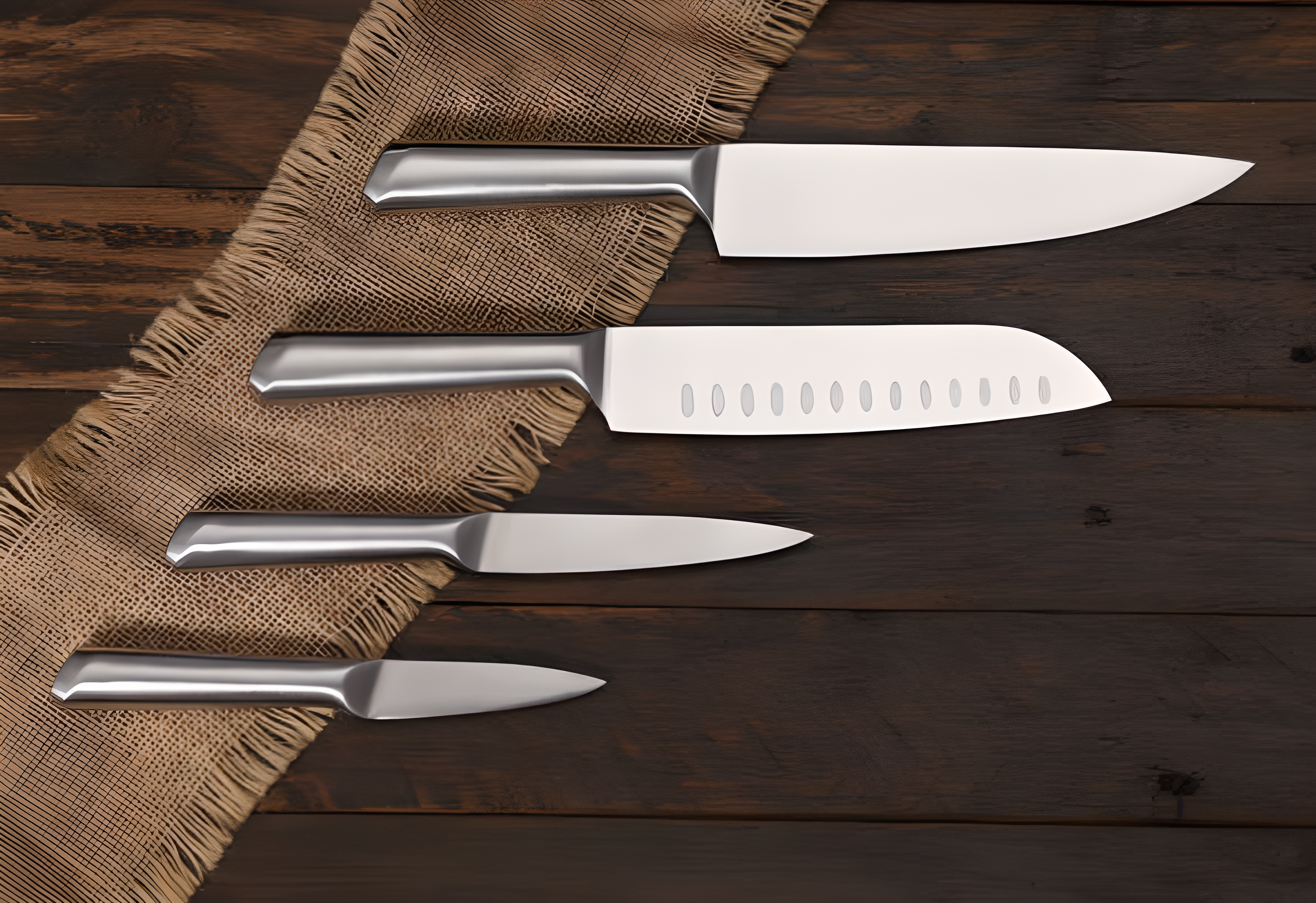 Image of  Set of Japanese Damascus chef knives including an 8-inch chef knife, santoku, petty, and paring knife on rustic wooden table – Pro Chefly.