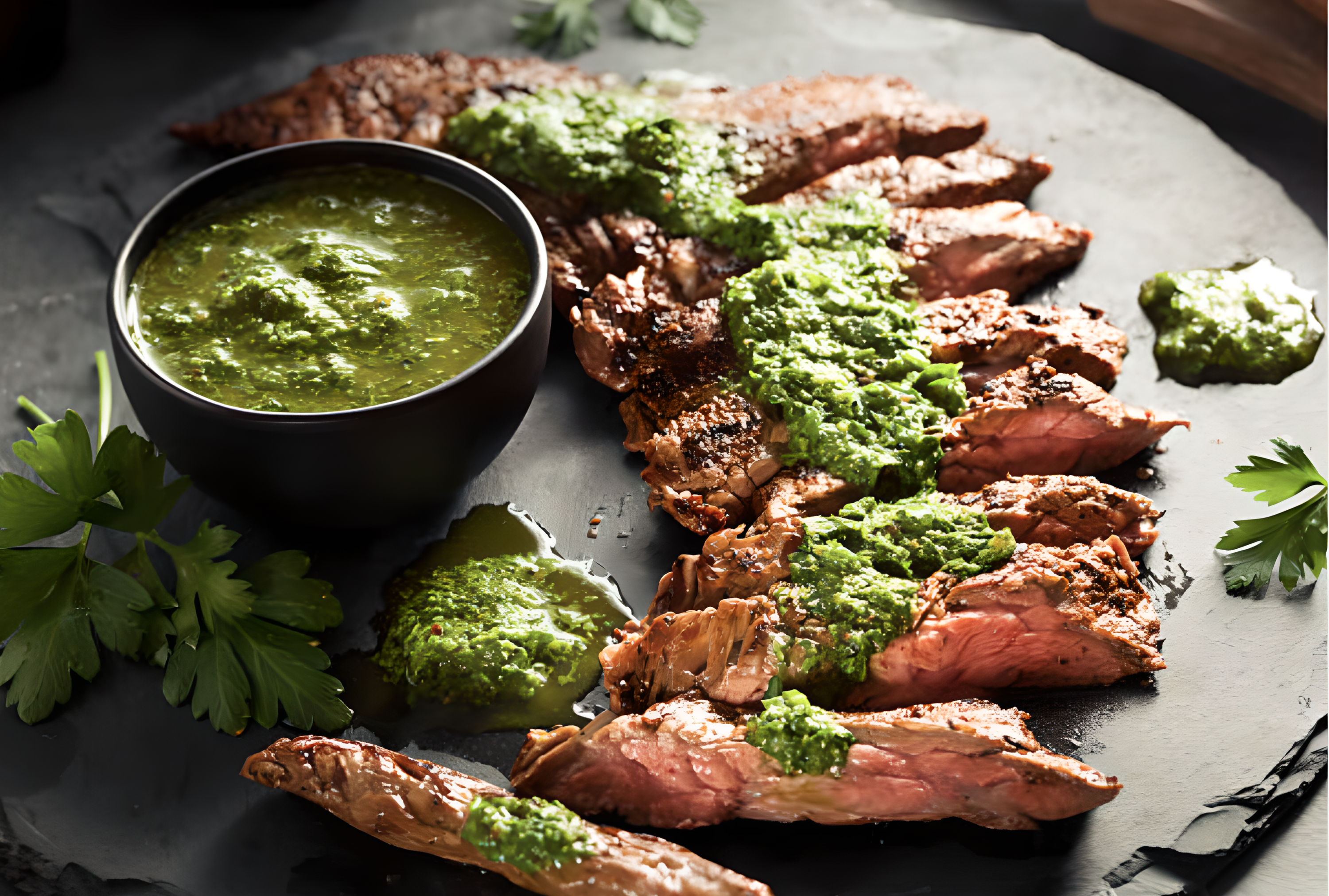 Image of Fresh homemade chimichurri sauce in a black bowl with spoon, surrounded by garlic, parsley, lemon, and olive oil on a rustic tray – Pro Chefly.