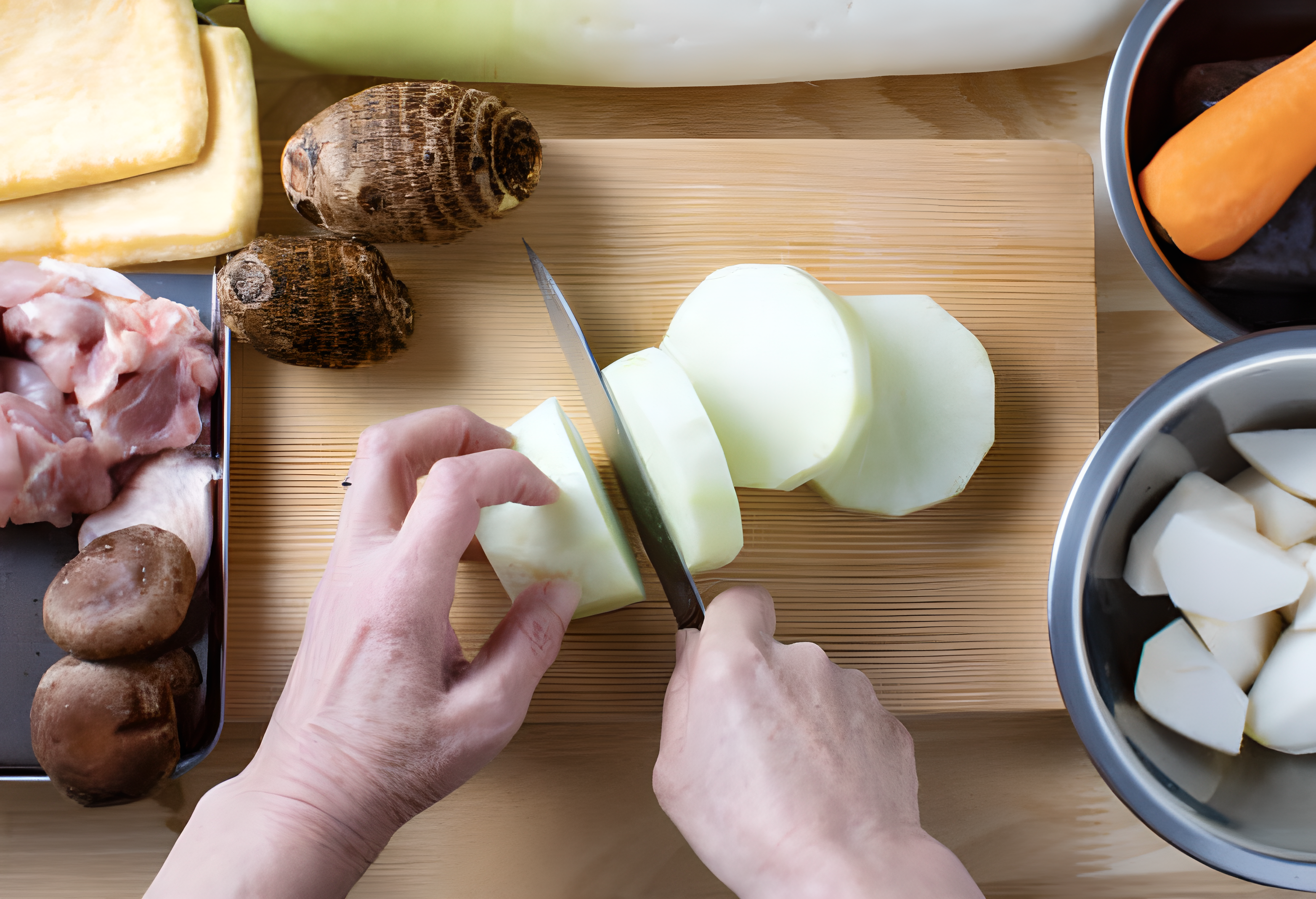 Hands slicing a root vegetable with a Japanese Damascus chef knife on a wooden cutting board, surrounded by chicken, mushrooms, and carrots – Pro Chefly.