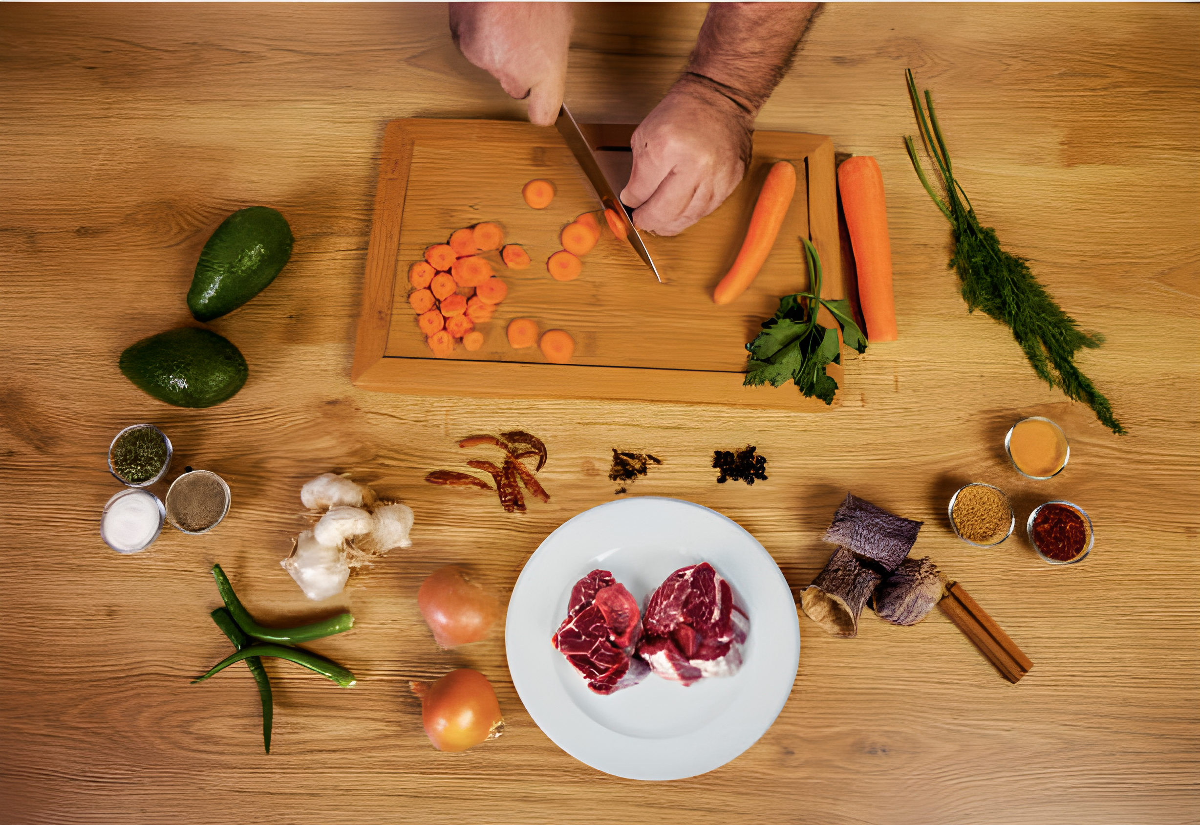 Image of Chef slicing carrots with a Japanese Damascus chef knife on a wooden cutting board, surrounded by fresh vegetables, spices, and raw beef for cooking – Pro Chefly.