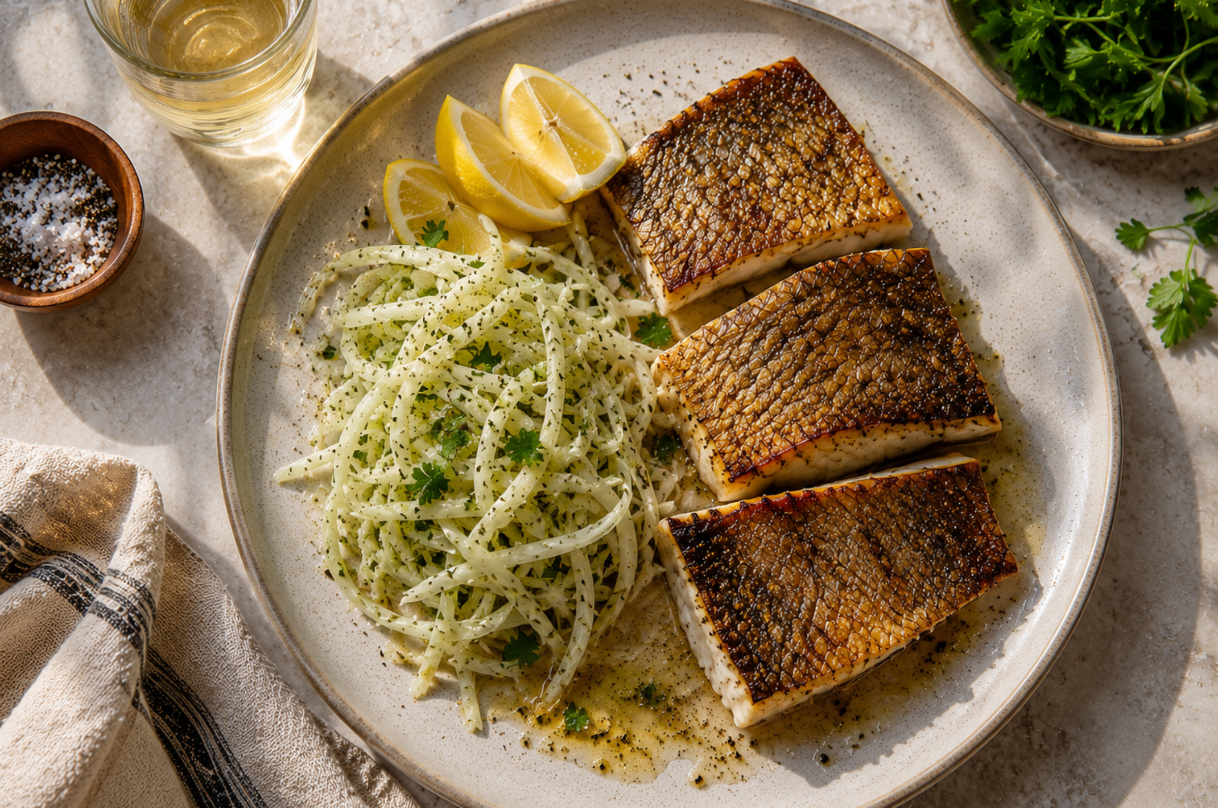 Image of Pro Chefly seared fish fillets with crispy skin served with shaved fennel salad and lemon slices on a matte white plate.