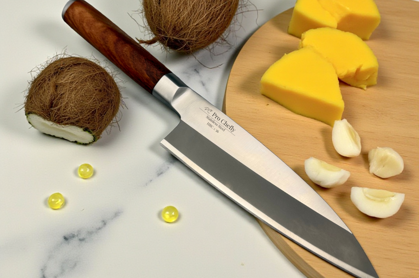 Pro Chefly stainless steel chef knife with a polished blade and wooden handle resting beside sliced garlic, coconut halves, and chunks of yellow squash on a marble countertop.
