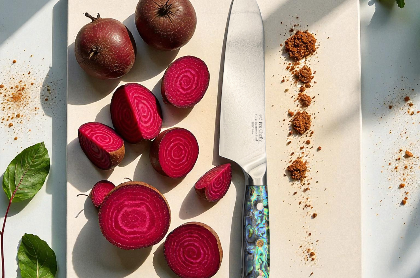 Image of Pro Chefly Japanese knife with Damascus pattern resting on a board beside sliced beets and seasoning crumbs in natural sunlight.
