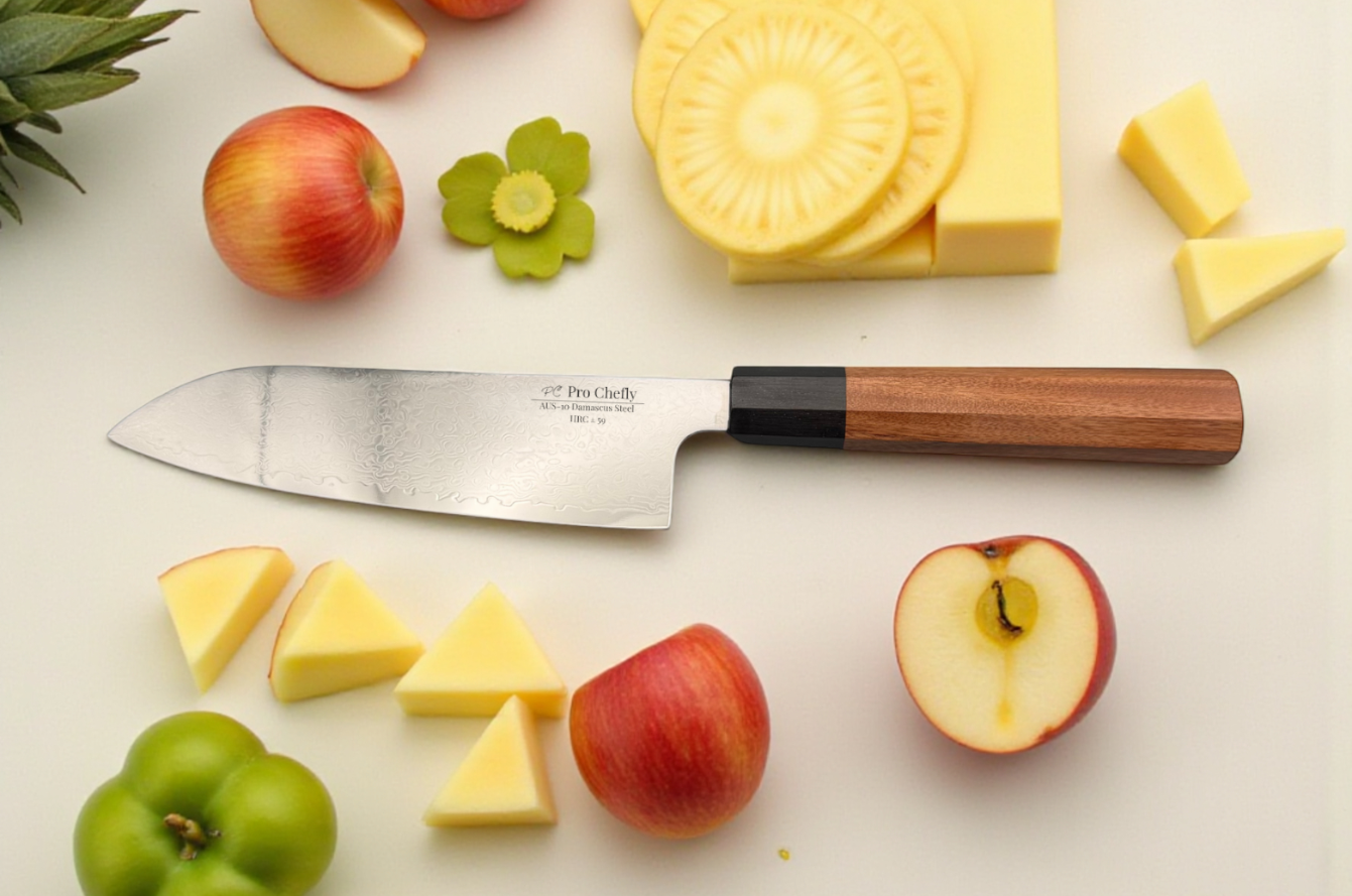 Pro Chefly Damascus Santoku knife on cutting board with sliced apples and cheese, showcasing sharp AUS-10 blade and precision prep.