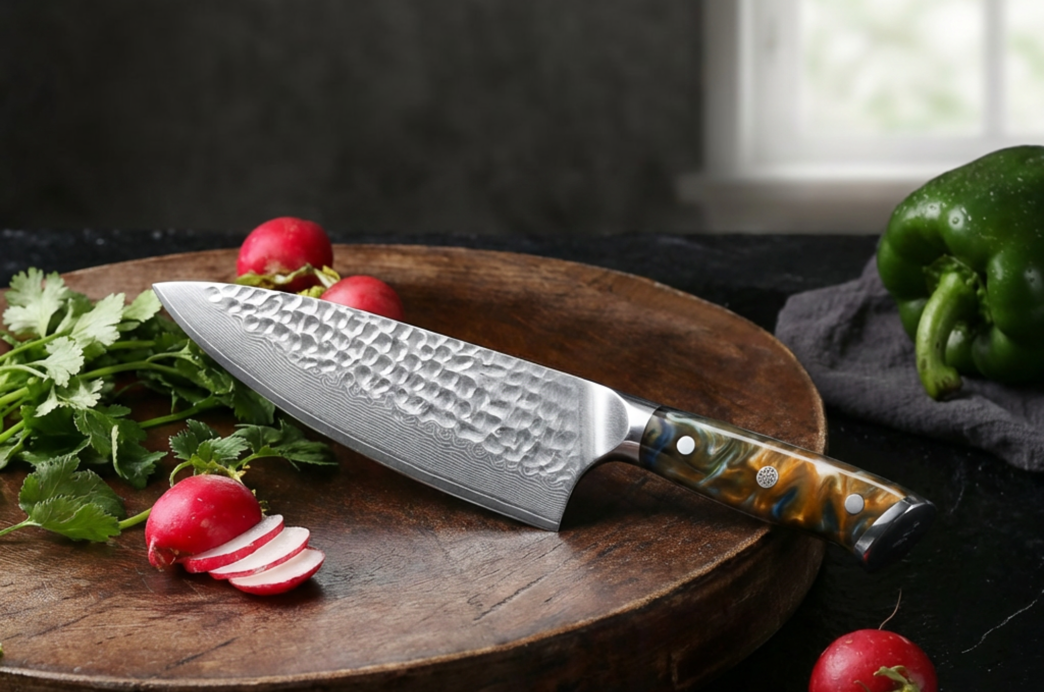 Image of Pro Chefly Japanese Damascus chef knife resting on a wooden cutting board with fresh radishes and cilantro for vegetable prep.