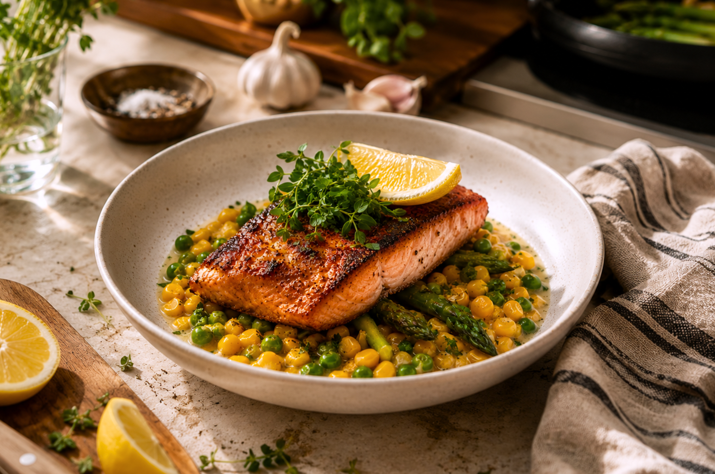 Image of Pro chelfy blackened salmon fillet with sweet corn, green peas, asparagus, fresh herbs, and lemon garnish in a white bowl