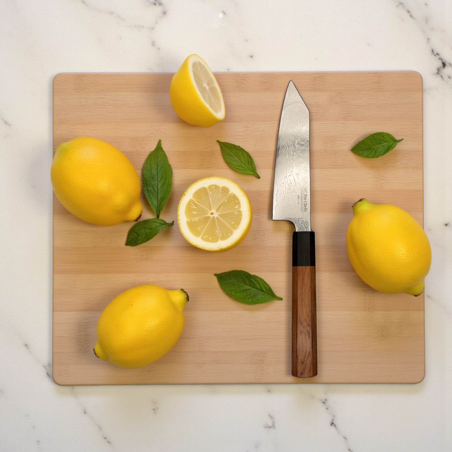 Pro Chefly AUS-10 Damascus steel Japanese mini bunka knife with rosewood octagon handle surrounded by lemons and lemon leaves.