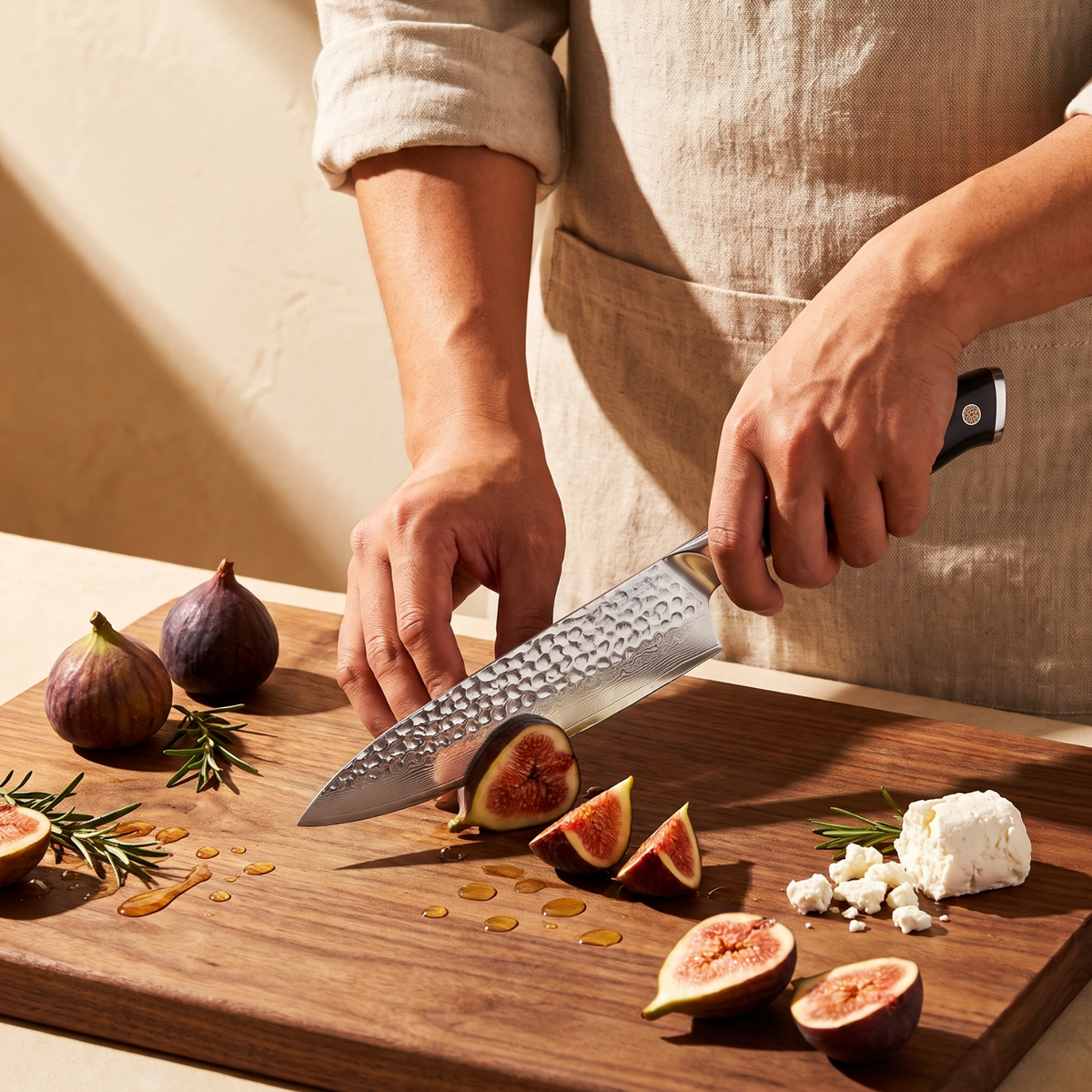 Pro Chefly 8-inch Damascus chef knife with black triple-riveted handle, slicing figs on a walnut board with rosemary and feta