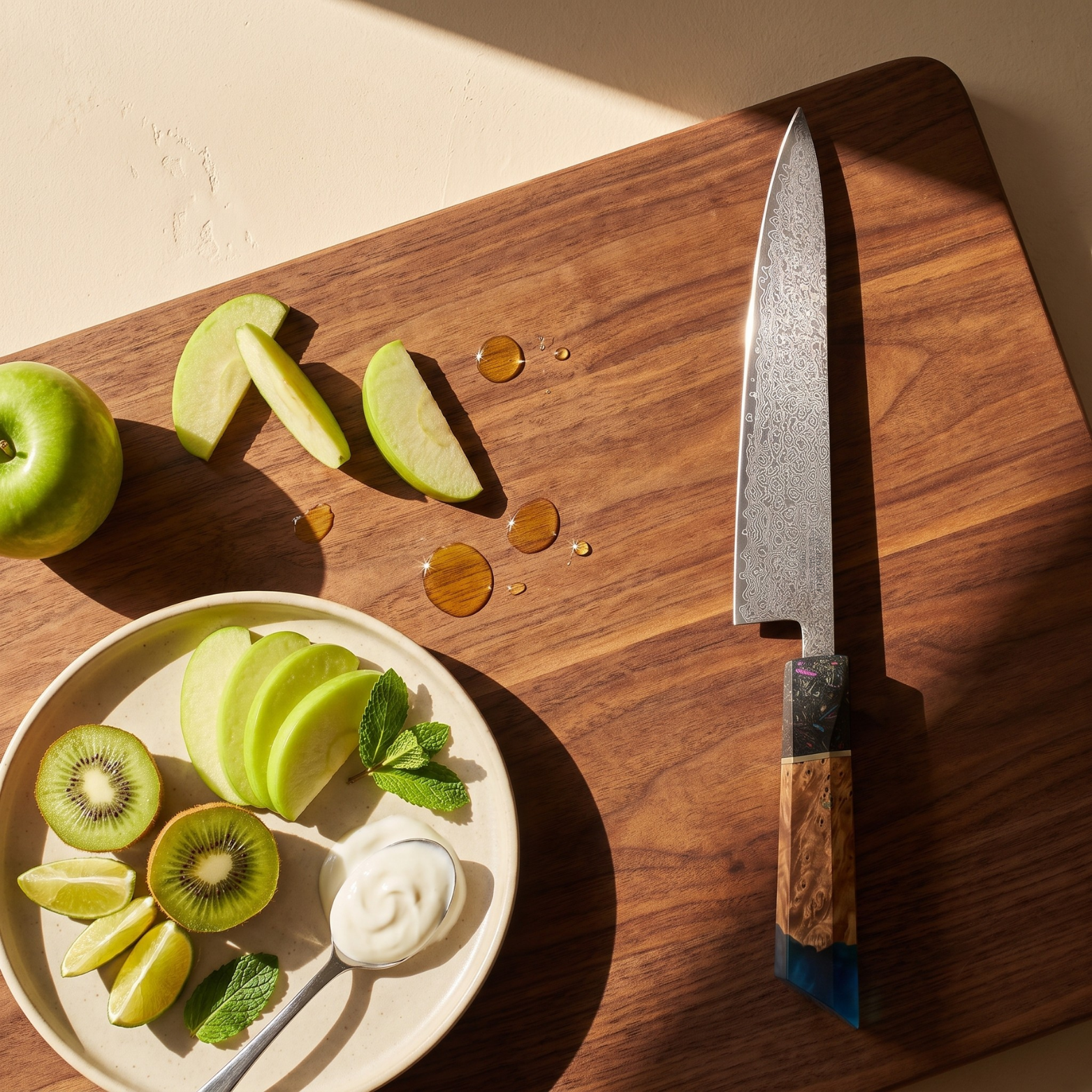 Image of Pro Chefly 8-inch Damascus chef knife with blue and burl wood resin handle, standing on a walnut board with green apple, kiwi and lime