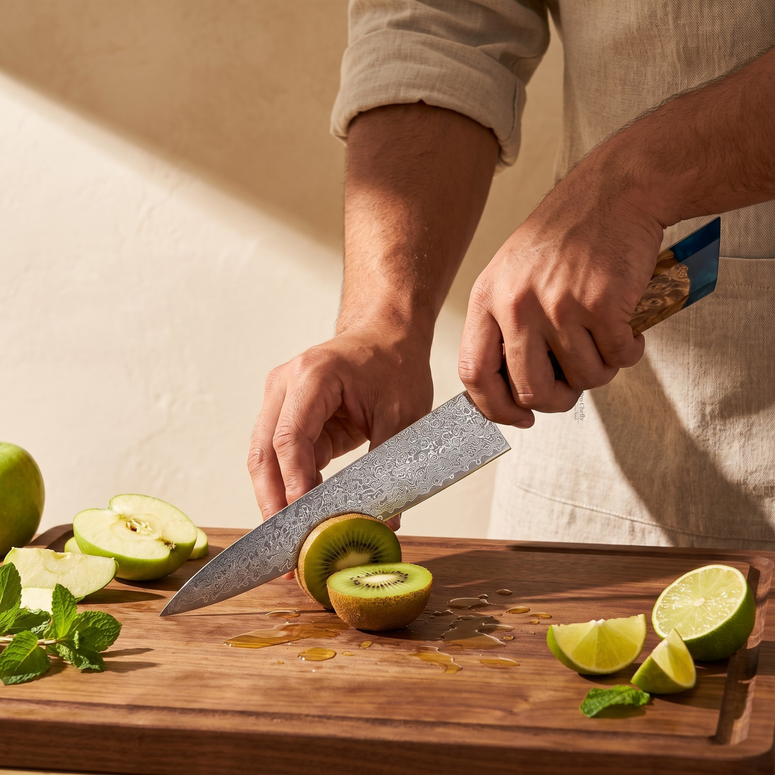 Image of Pro Chefly 8-inch Damascus chef knife with blue burl resin handle, slicing kiwi on a walnut board