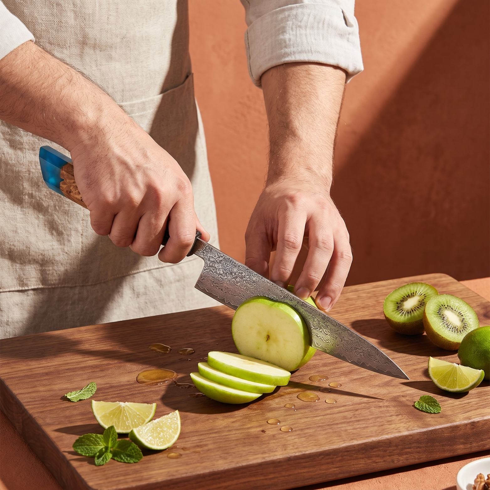 Image of Pro Chefly 8-inch Damascus chef knife with blue burl resin handle, slicing a green apple against a terracotta wall