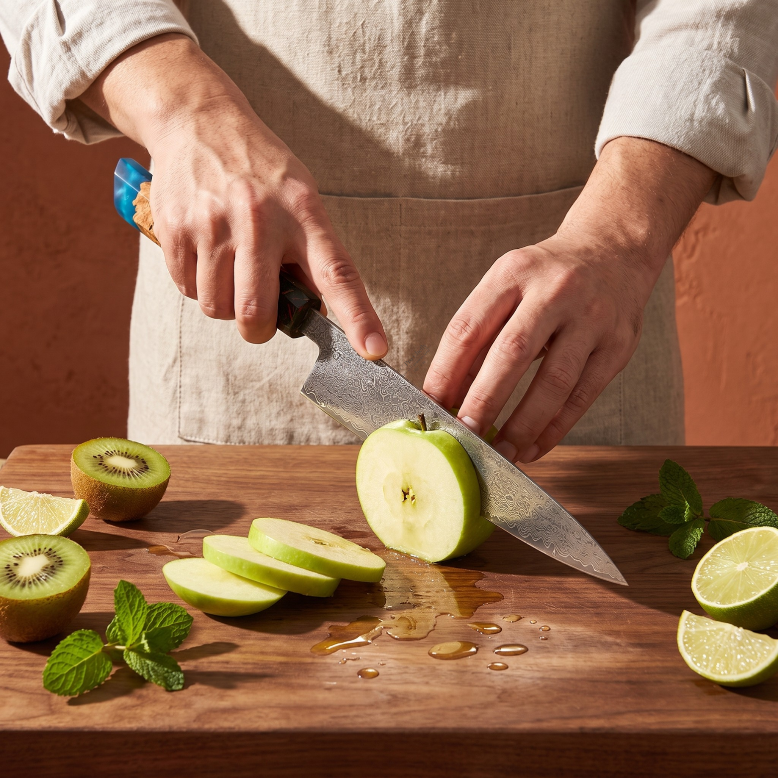 Image of Pro Chefly 8-inch Damascus chef knife with blue burl resin handle, slicing green apple with kiwi and lime on the board