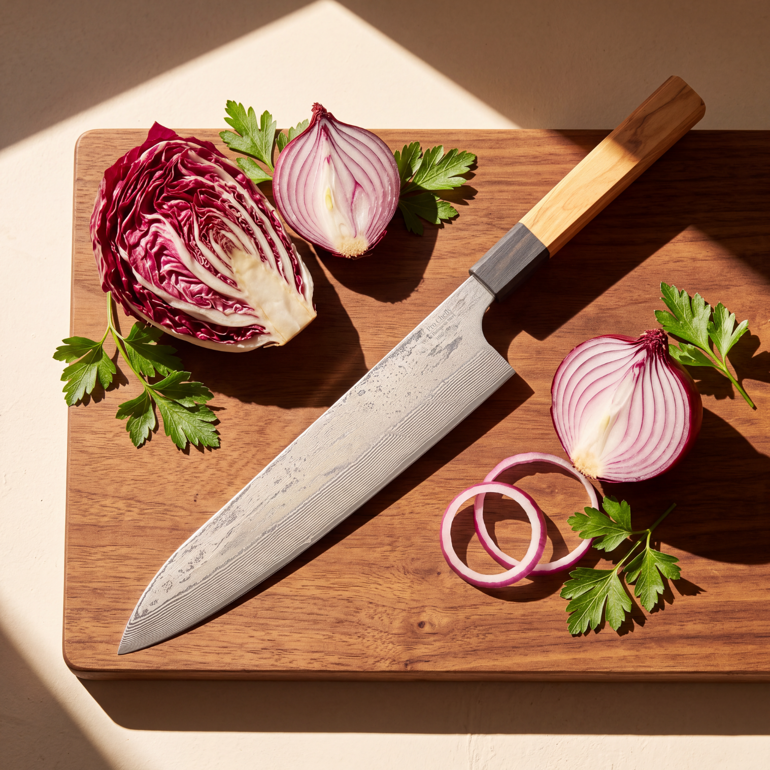 Image of Pro Chefly 9-inch Damascus gyuto chef knife with olivewood wa handle, overhead on a board with radicchio and red onion