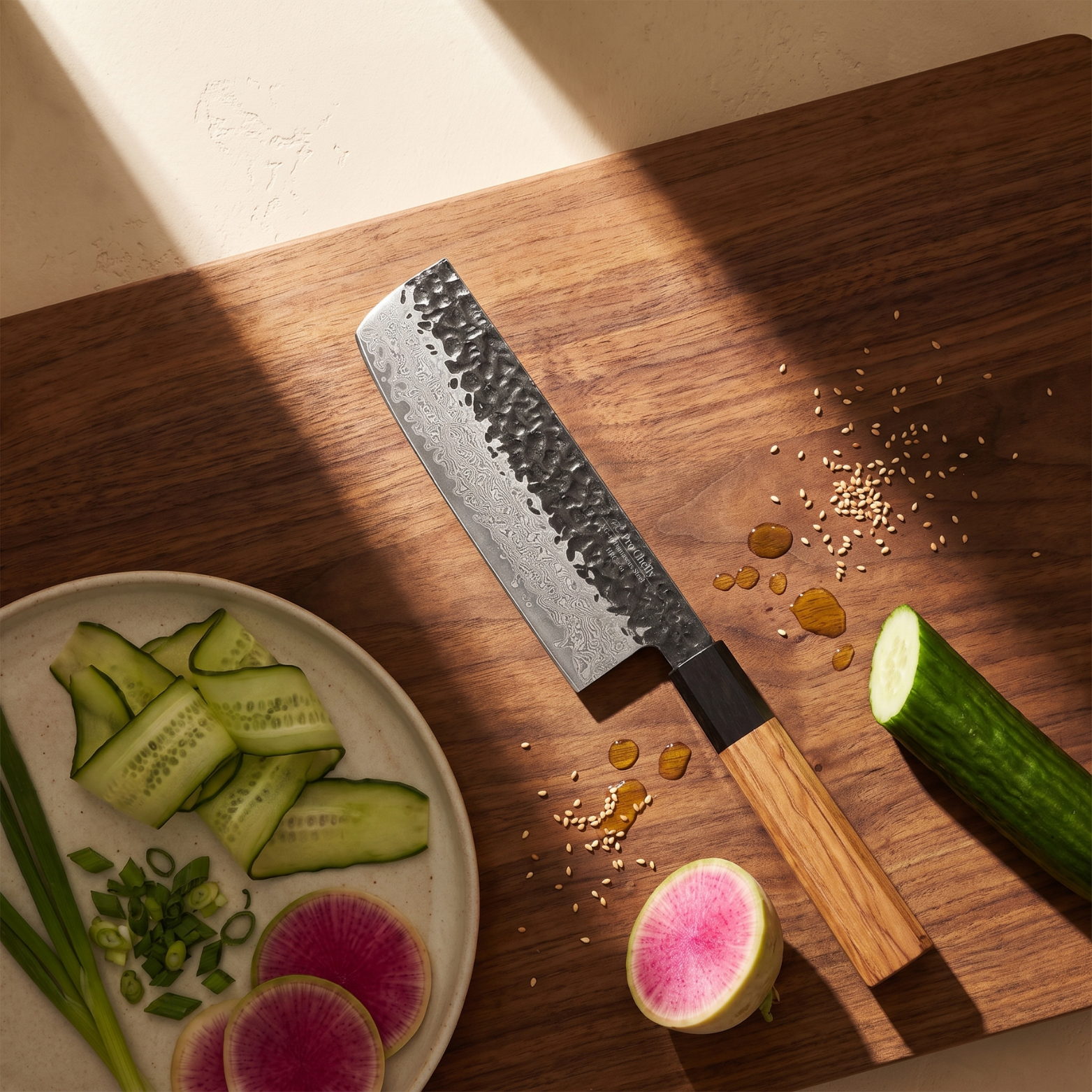 Image of Pro Chefly 7-inch Damascus nakiri knife with olivewood wa handle, on a walnut board with a plate of cucumber and watermelon radish
