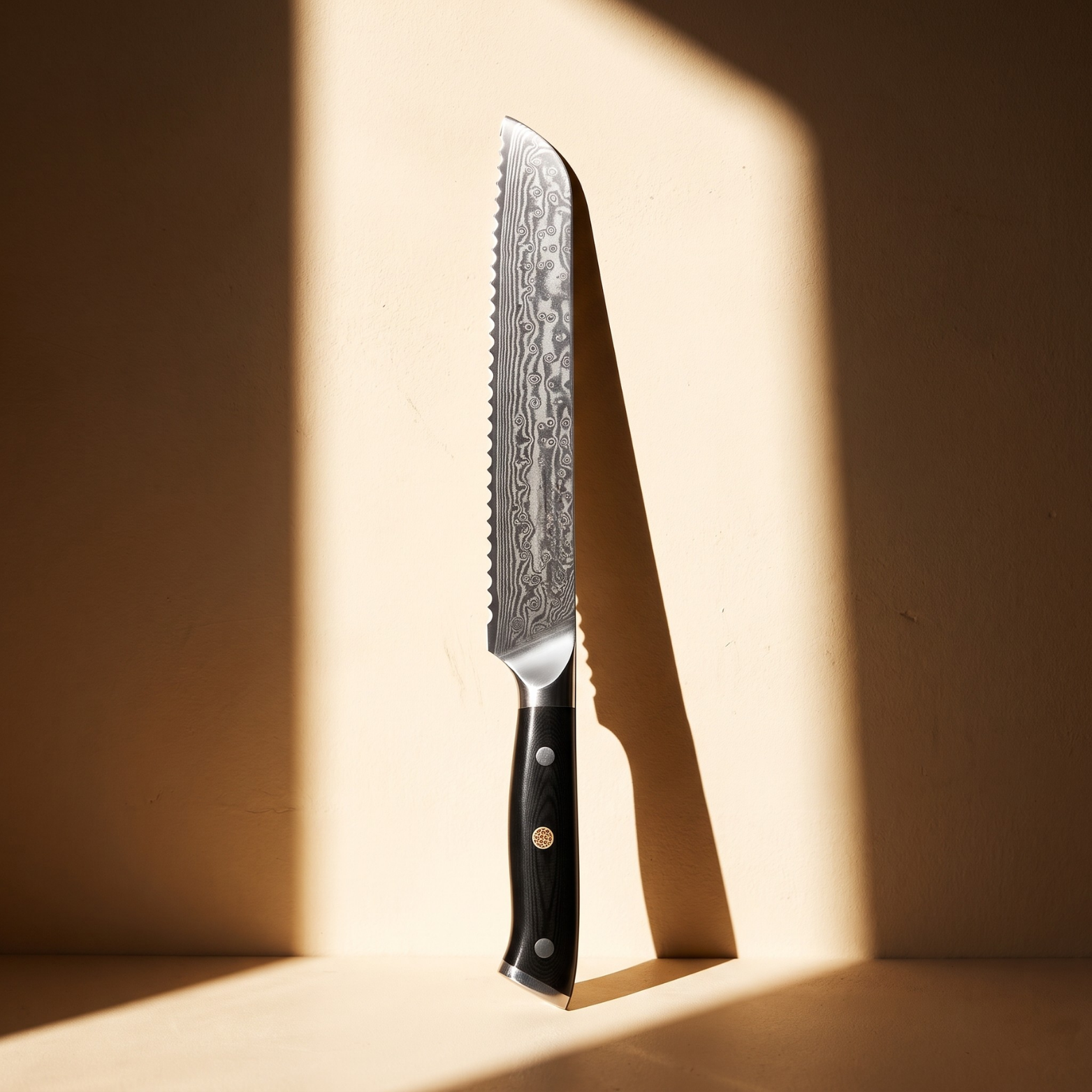 Image of Pro Chefly 8-inch Damascus bread knife with black triple-riveted handle, standing upright against a cream wall