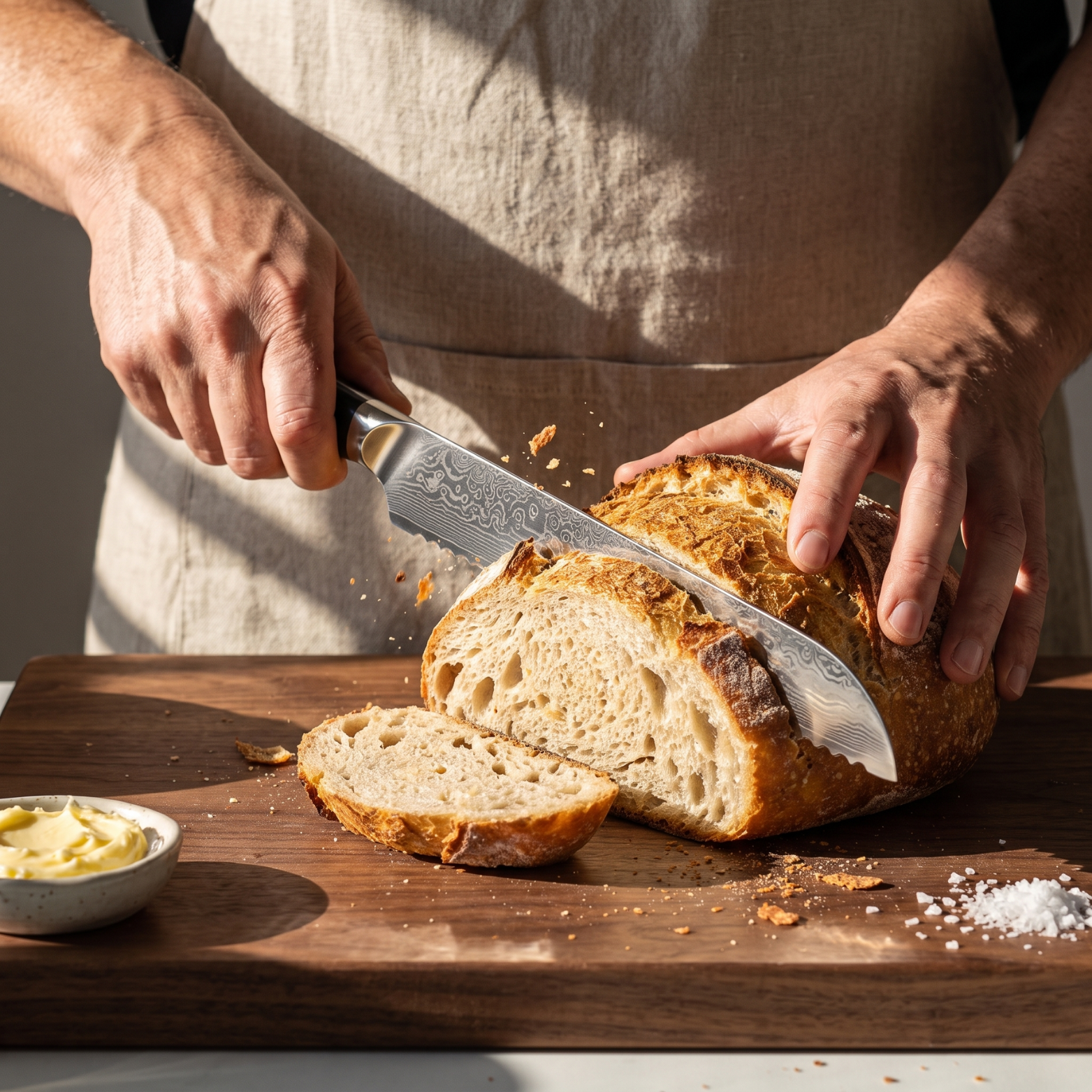 Image of Pro Chefly 8-inch Damascus bread knife with black triple-riveted handle, slicing a sourdough loaf
